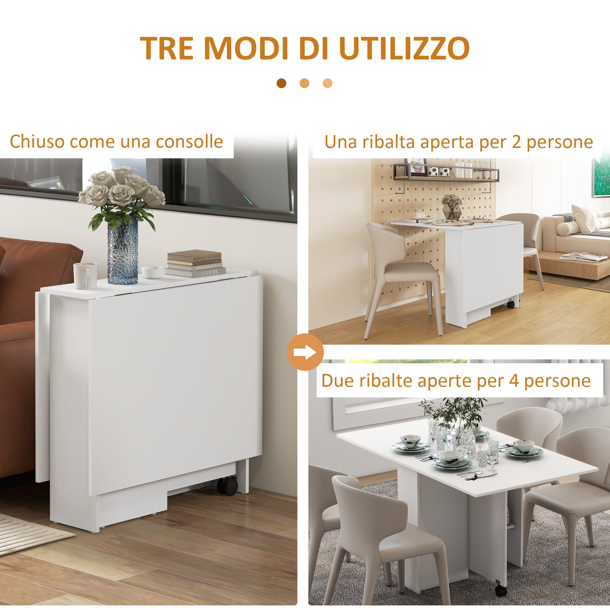 Folding Table with Wheels, Modern Design Dining Table, Space-saving Foldable, Modern Design, with Wheels, Shelves for Storage, 140 × 80 × 74cm, White