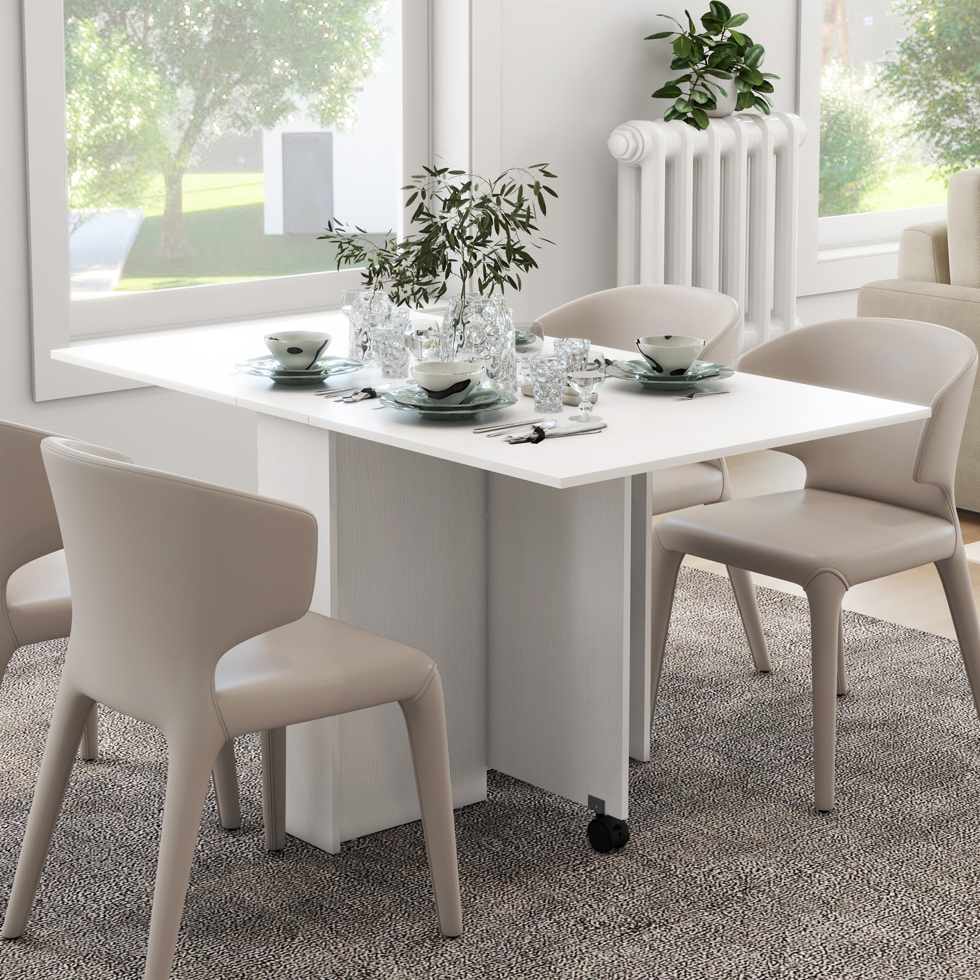 Folding Table with Wheels, Modern Design Dining Table, Space-saving Foldable, Modern Design, with Wheels, Shelves for Storage, 140 × 80 × 74cm, White