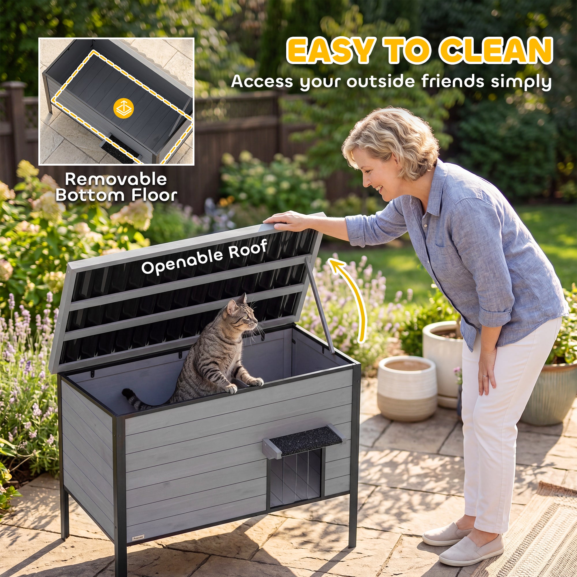 Weatherproof Wooden Cat House with Hinged Roof & Removable Floor, 33.5 x 21.7 x 27.6 in – Indoor/Outdoor Cat Den for 1–2 Cats (up to 26.5 lb each), Light Gray