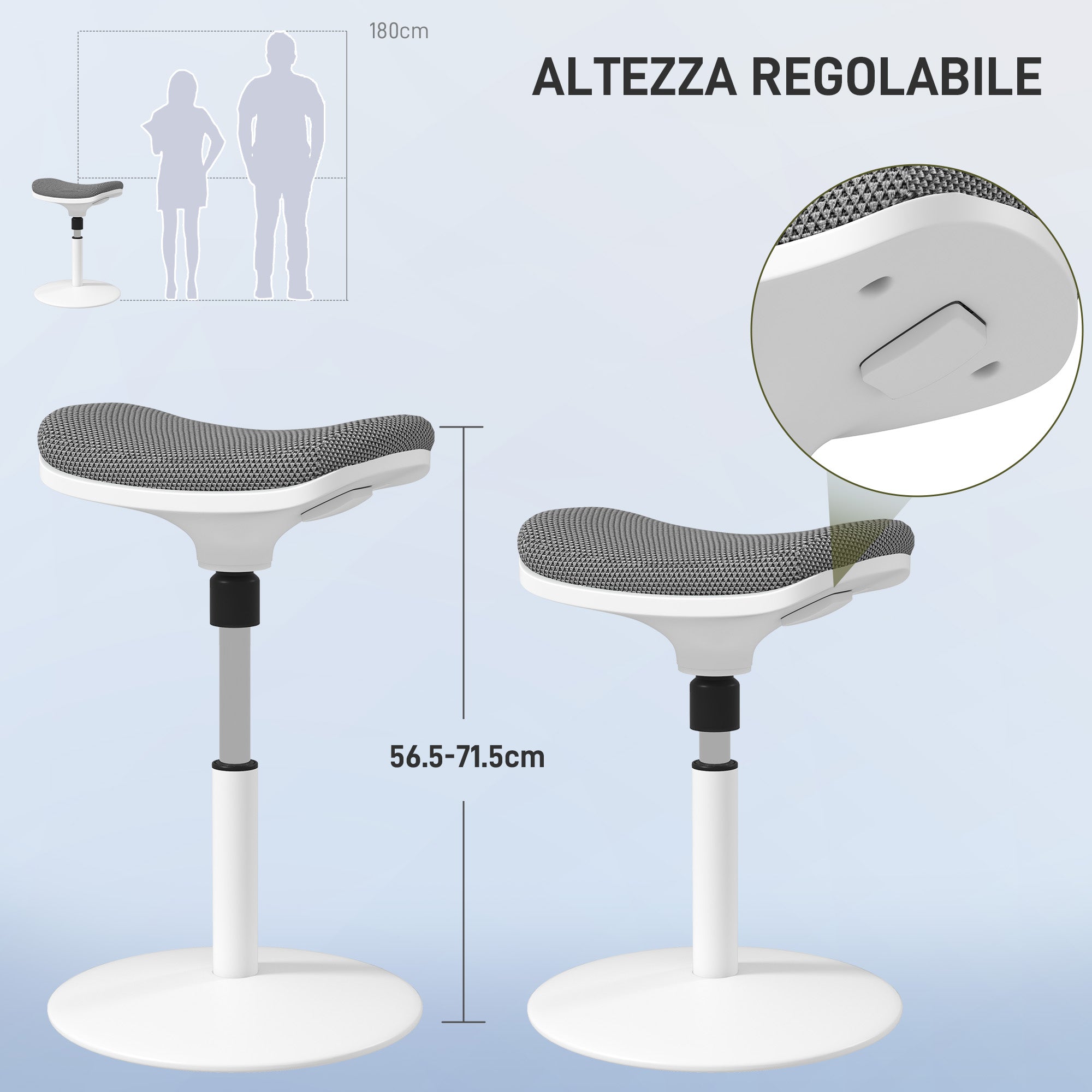 Adjustable Height Ergonomic Stool with 5° Tilt, Modern Stool in Polyester, Foam and PP, 41.5x41.5x51.5-71.5 cm, Gray