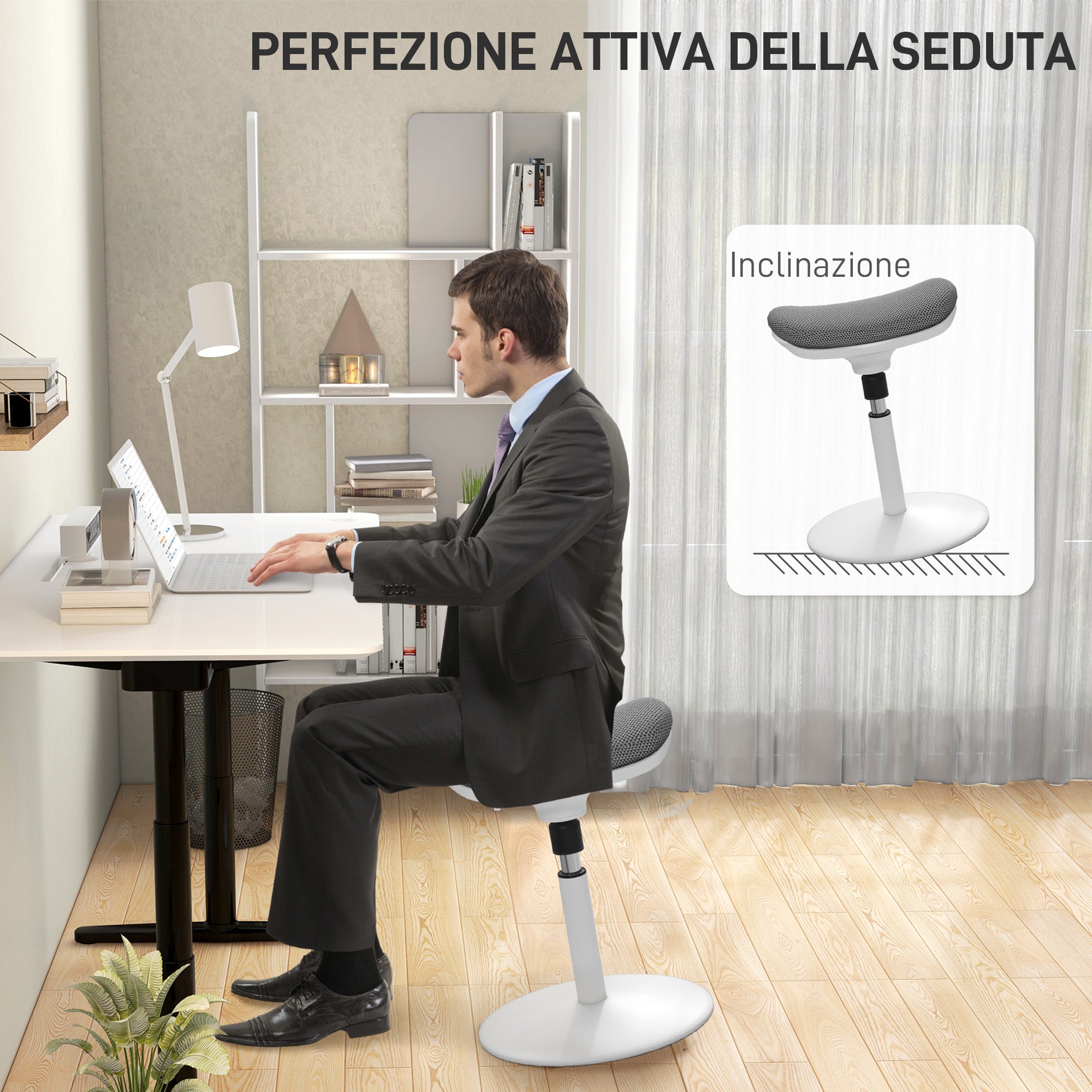 Adjustable Height Ergonomic Stool with 5° Tilt, Modern Stool in Polyester, Foam and PP, 41.5x41.5x51.5-71.5 cm, Gray