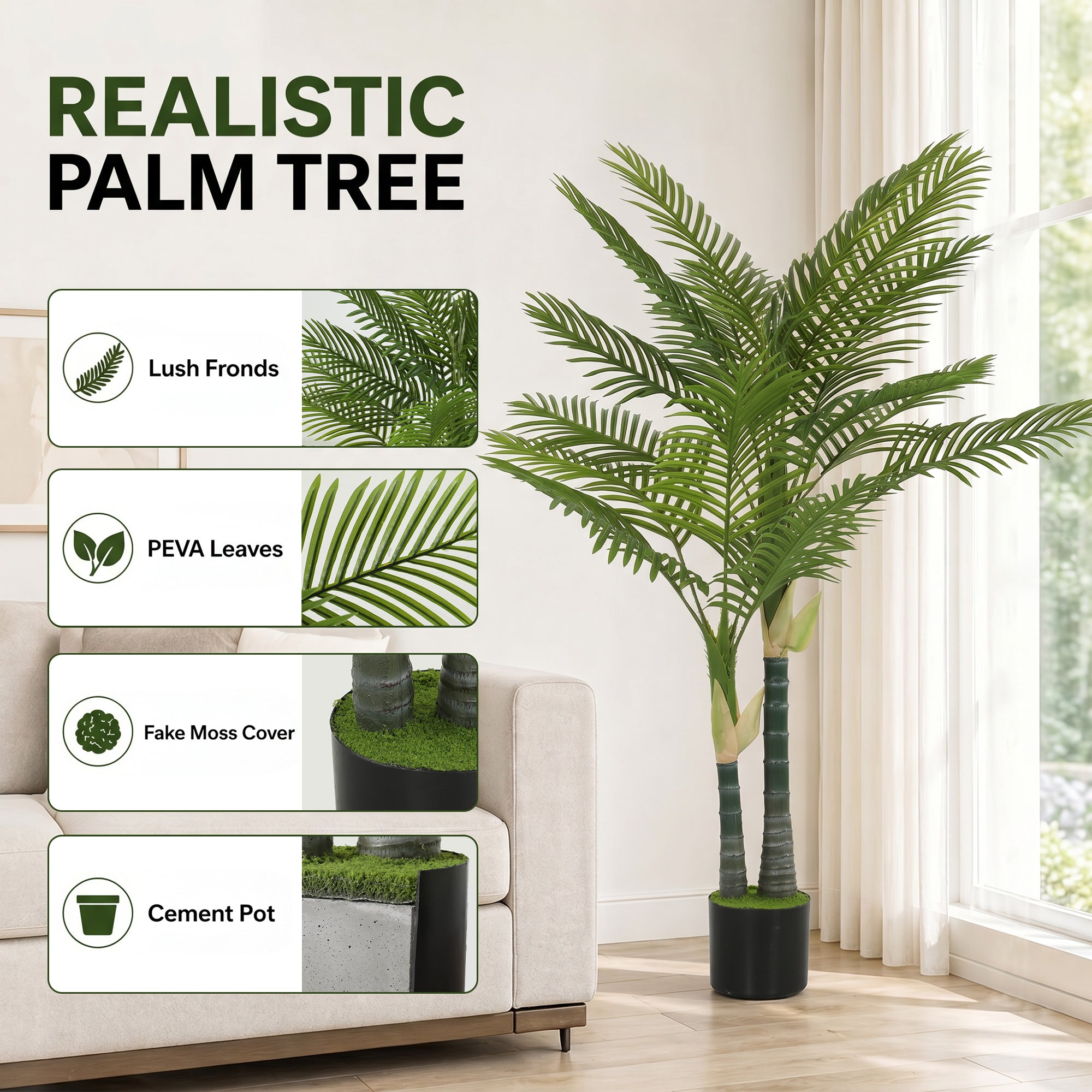Artificial Palm Tree 150 cm (59 in) – 16-Leaf Faux Potted Plant for Living Room, Office, Balcony, Bedroom Décor