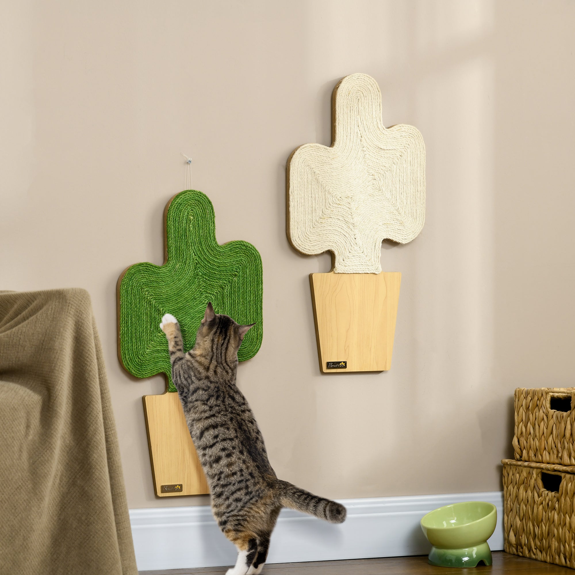Cat Scratching Mat, Set of 2 Cat Scratching Boards with Jute Rope, Cat Scratching Board with Hooks, Scratching Wall for Cats in Cactus Design, 30 x 60 cm