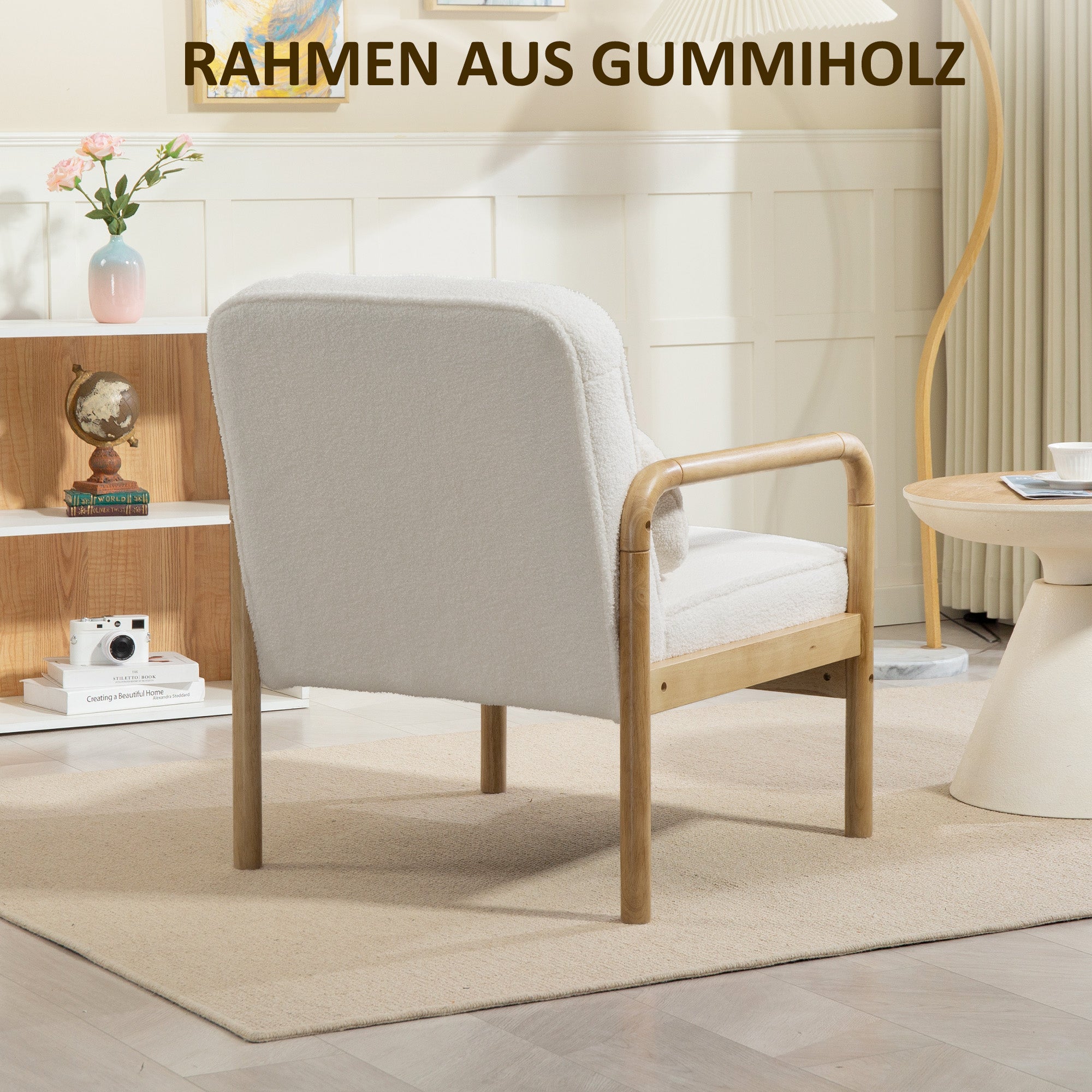 Armchair Living Room Lounge Chair with Armrests, Wooden Legs, Large and Thick Seat, Reading Chair with Throw Pillow, Bouclé Look, Upholstered Chair for Bedroom White
