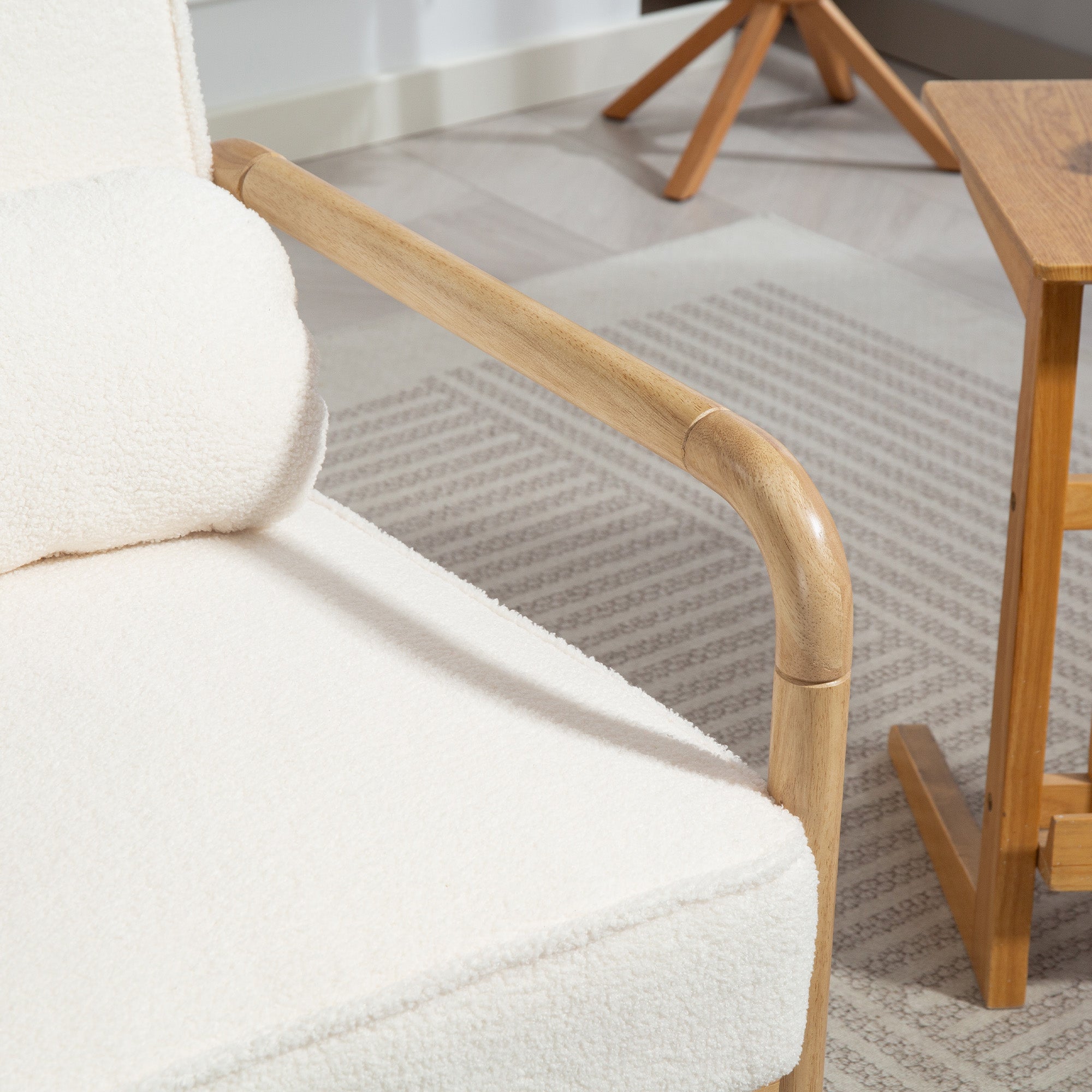 Armchair Living Room Lounge Chair with Armrests, Wooden Legs, Large and Thick Seat, Reading Chair with Throw Pillow, Bouclé Look, Upholstered Chair for Bedroom White
