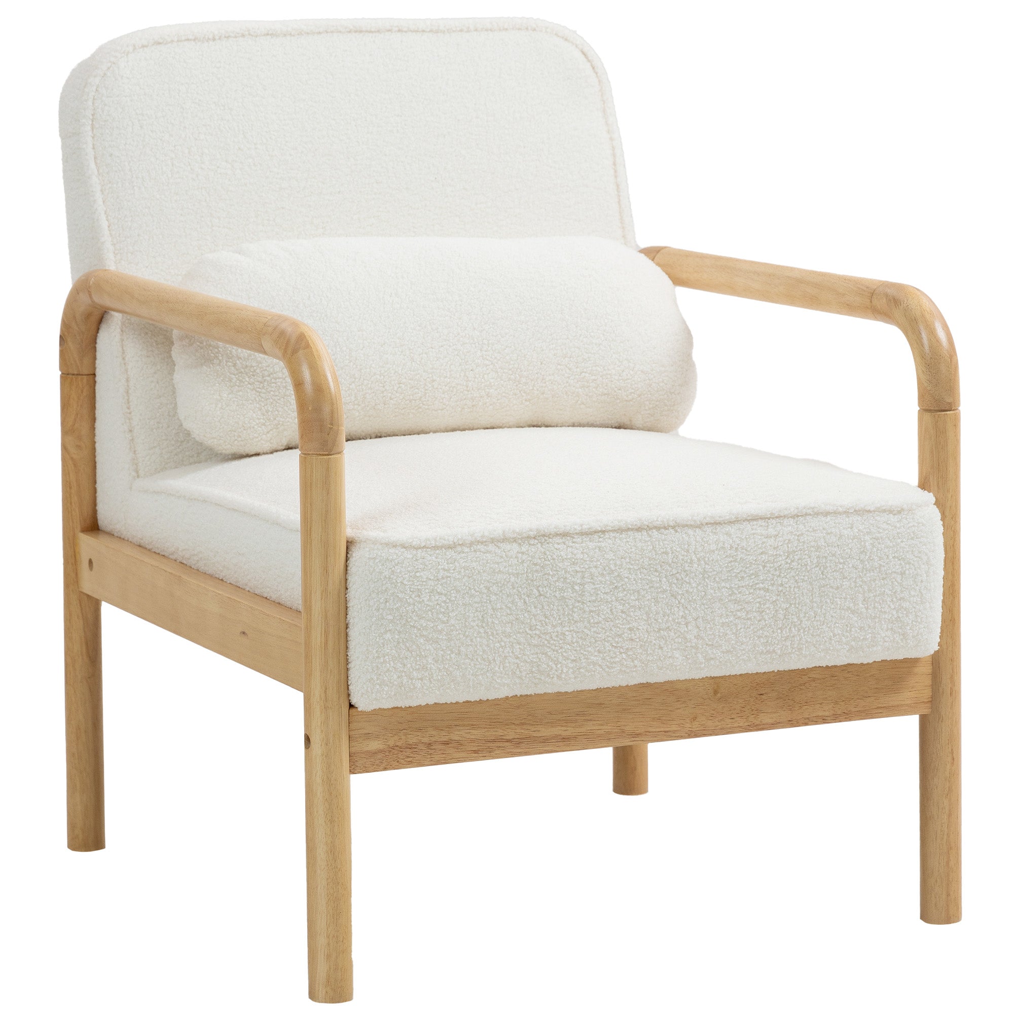 Armchair Living Room Lounge Chair with Armrests, Wooden Legs, Large and Thick Seat, Reading Chair with Throw Pillow, Bouclé Look, Upholstered Chair for Bedroom White
