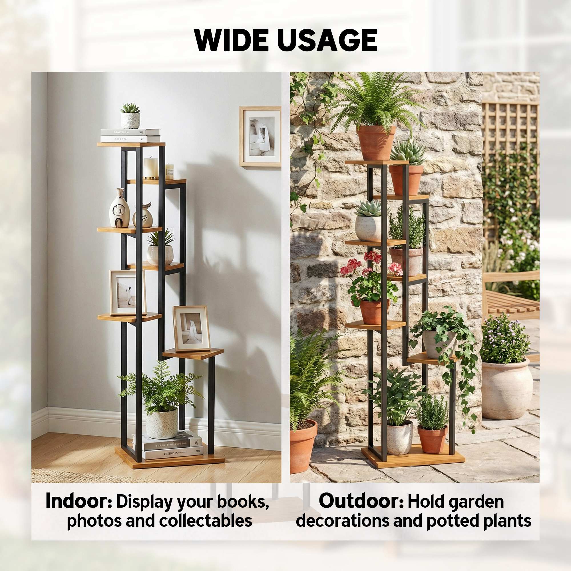 7-Tier Plant Stand, 51.2 in Tall Staggered Wooden & Steel Flower Shelf – Light Brown