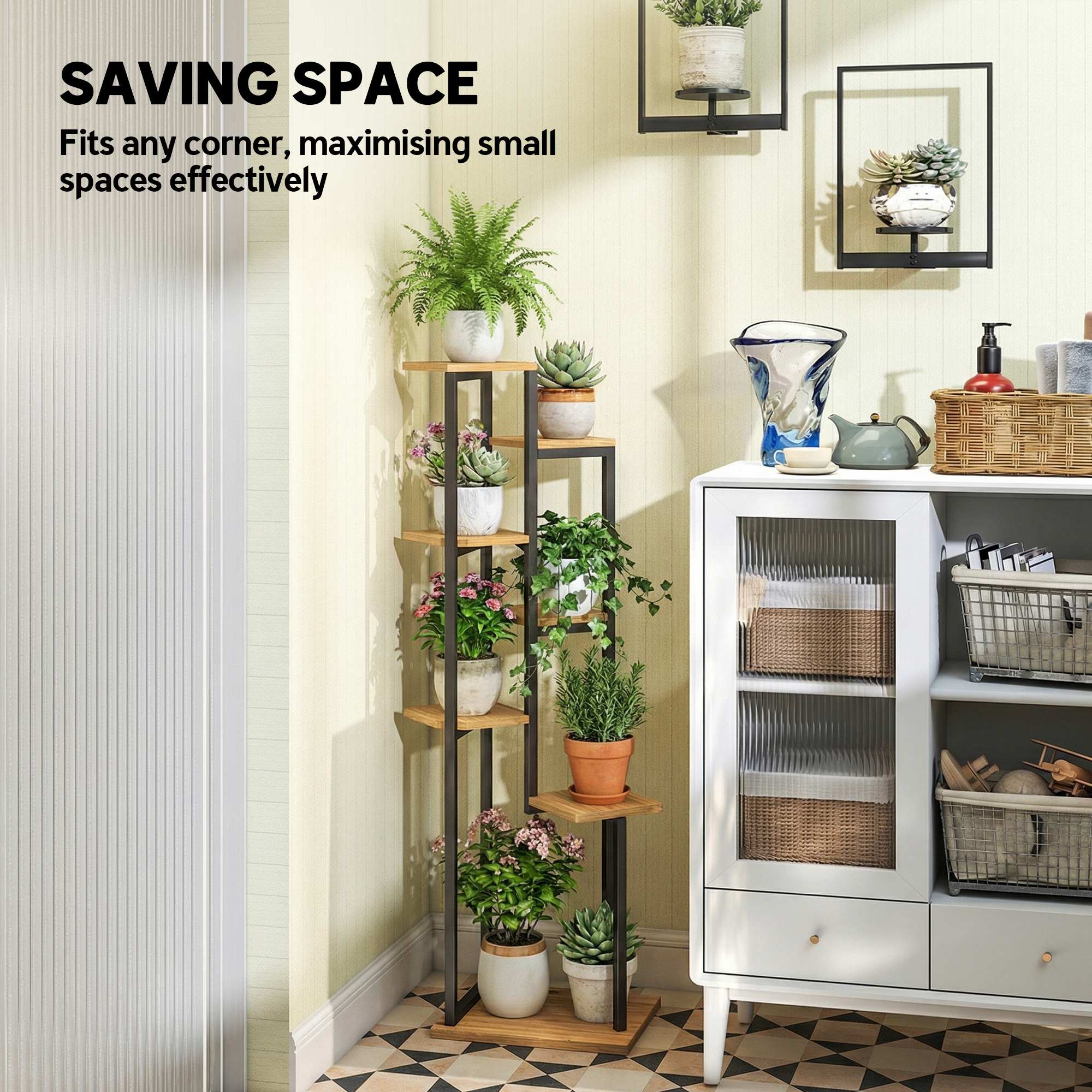 7-Tier Plant Stand, 51.2 in Tall Staggered Wooden & Steel Flower Shelf – Light Brown