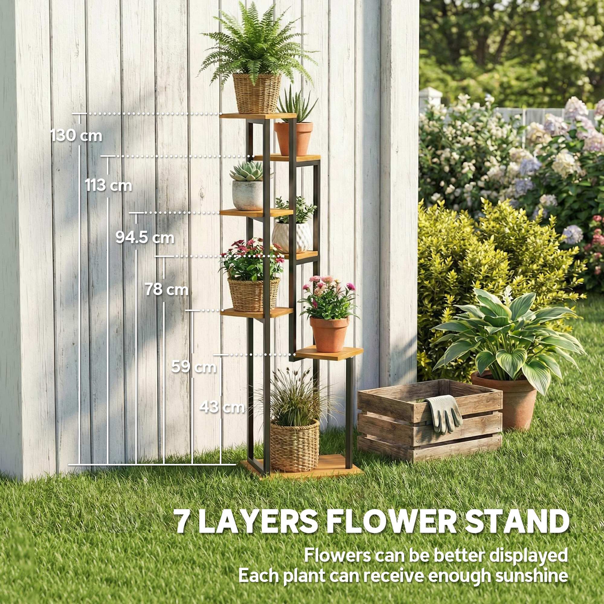 7-Tier Plant Stand, 51.2 in Tall Staggered Wooden & Steel Flower Shelf – Light Brown