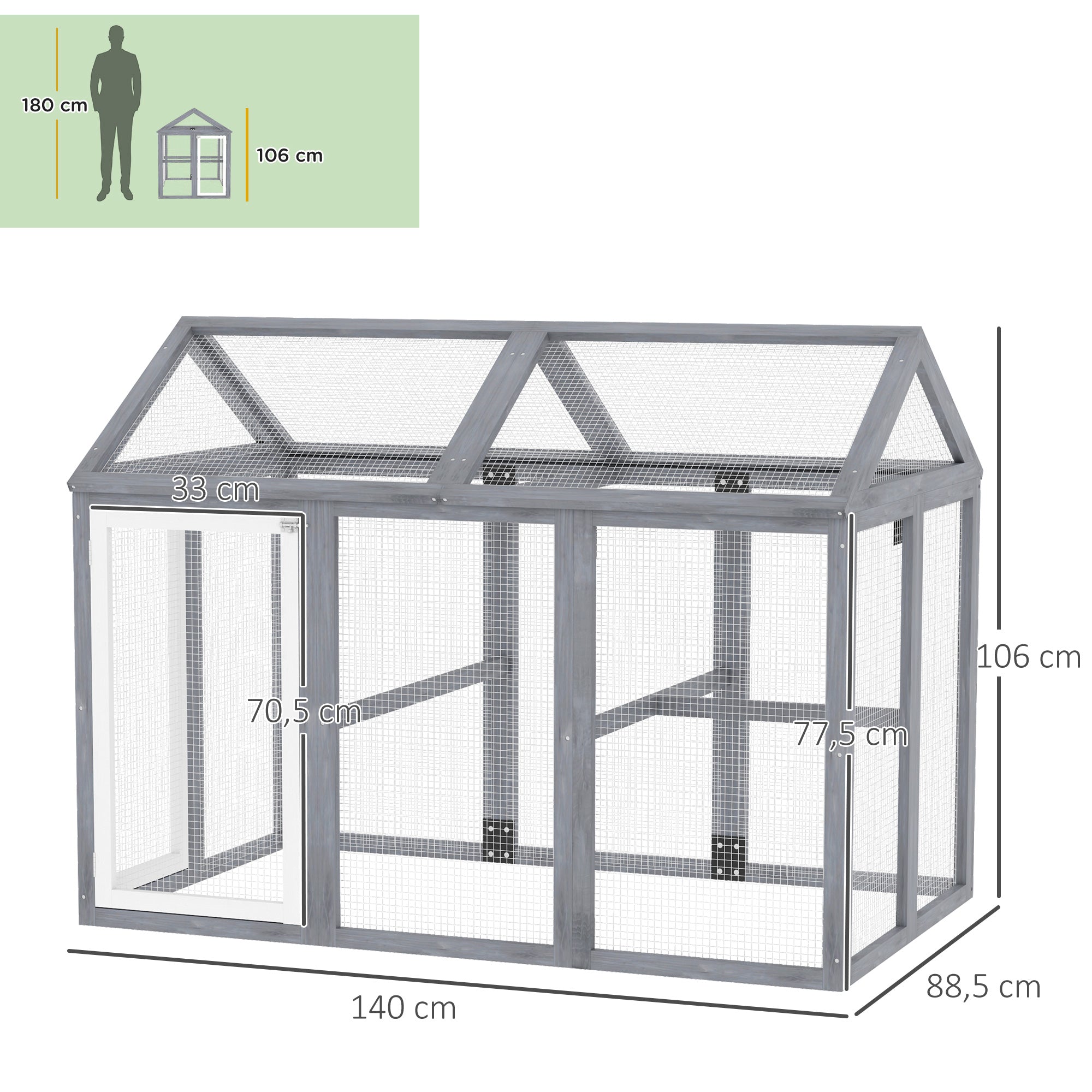 Outdoor Chicken Run, 12.7 sq ft (140 x 88.5 x 106 cm / 55.1 x 34.8 x 41.7 in), Lockable Doors, Solid Pine Frame, Wire Mesh Aviary for 1–3 Chickens, Gray
