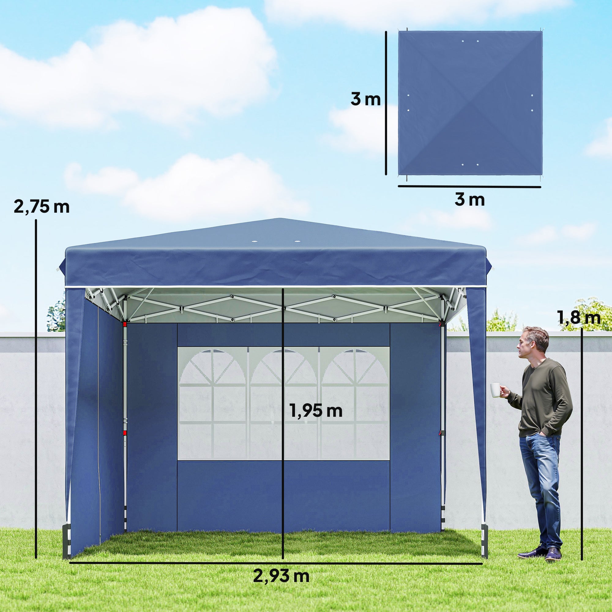 3 x 3 m (10'x10') Waterproof Pop-Up Canopy, Adjustable Height, 2 Removable Sidewalls, UV50+, Foldable Party Tent with Carry Bag & Sandbags — Dark Blue
