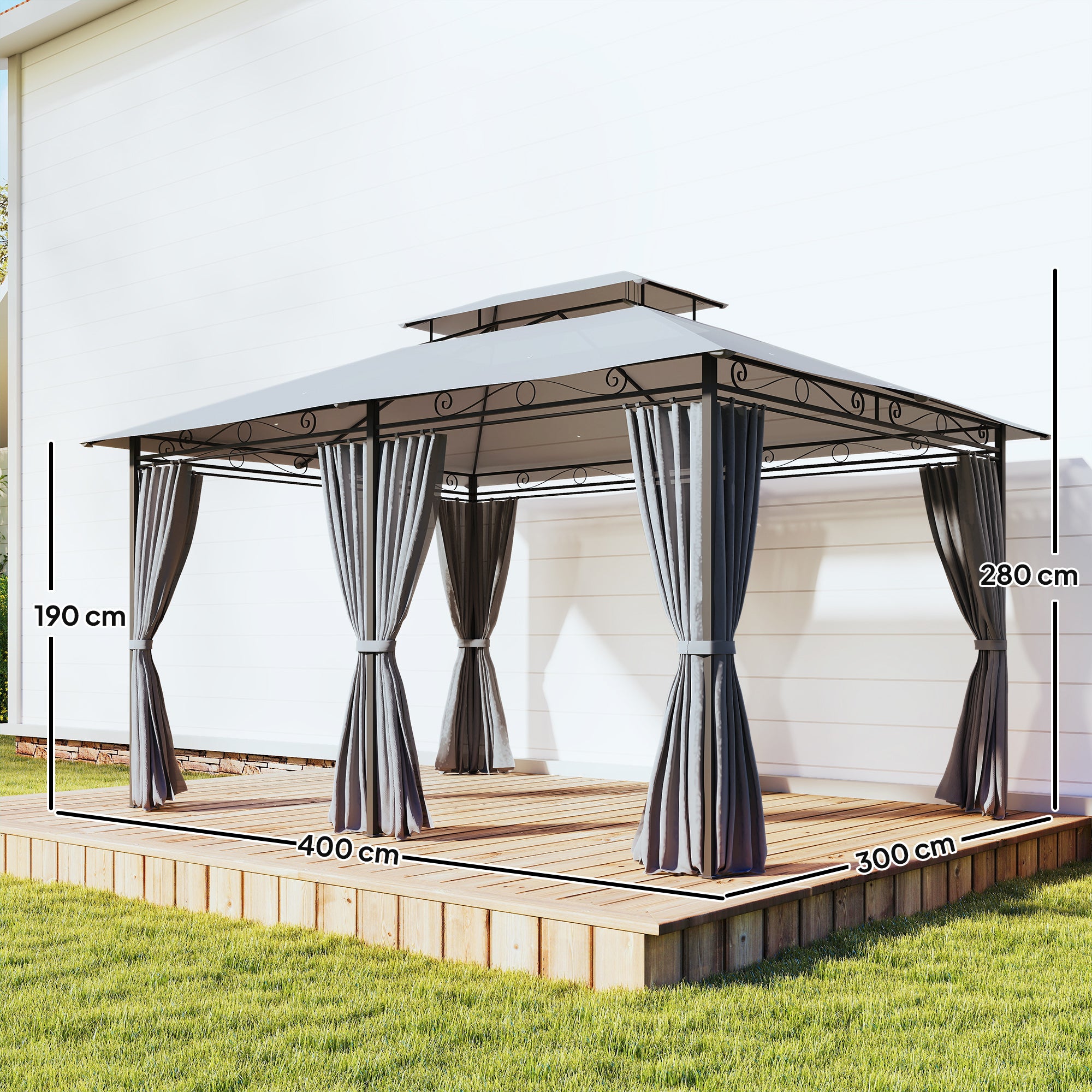 Gazebo 4 x 3 m (13 x 10 ft) — Water-Resistant, Sturdy Metal Pavilion with Double Roof and 6 Side Panels, Dark Gray