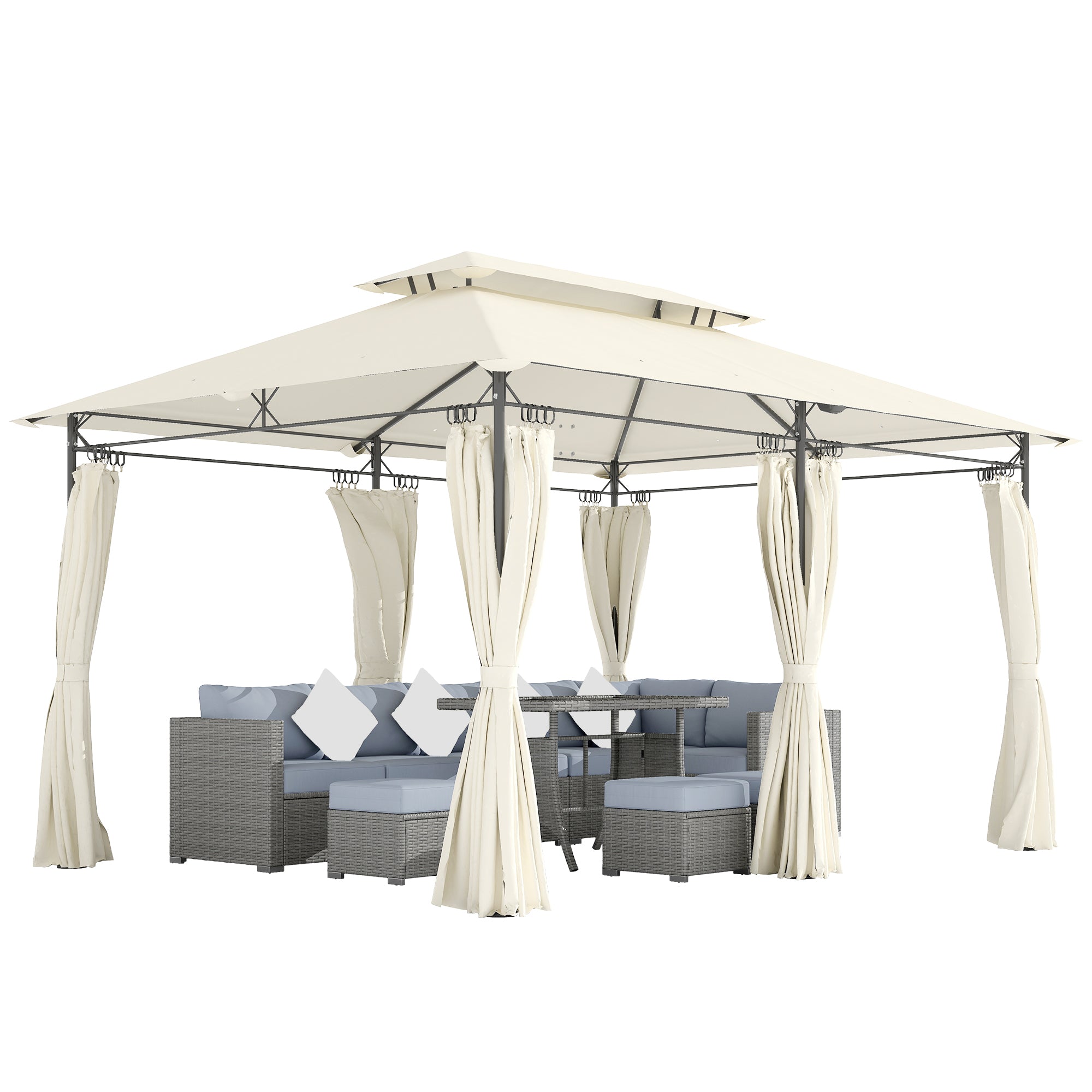 Garden Gazebo 4x3m Garden Pergola Gazebo with Double Roof Sidewalls Water Resistant Canopy for Outdoor Terrace Patio Cream