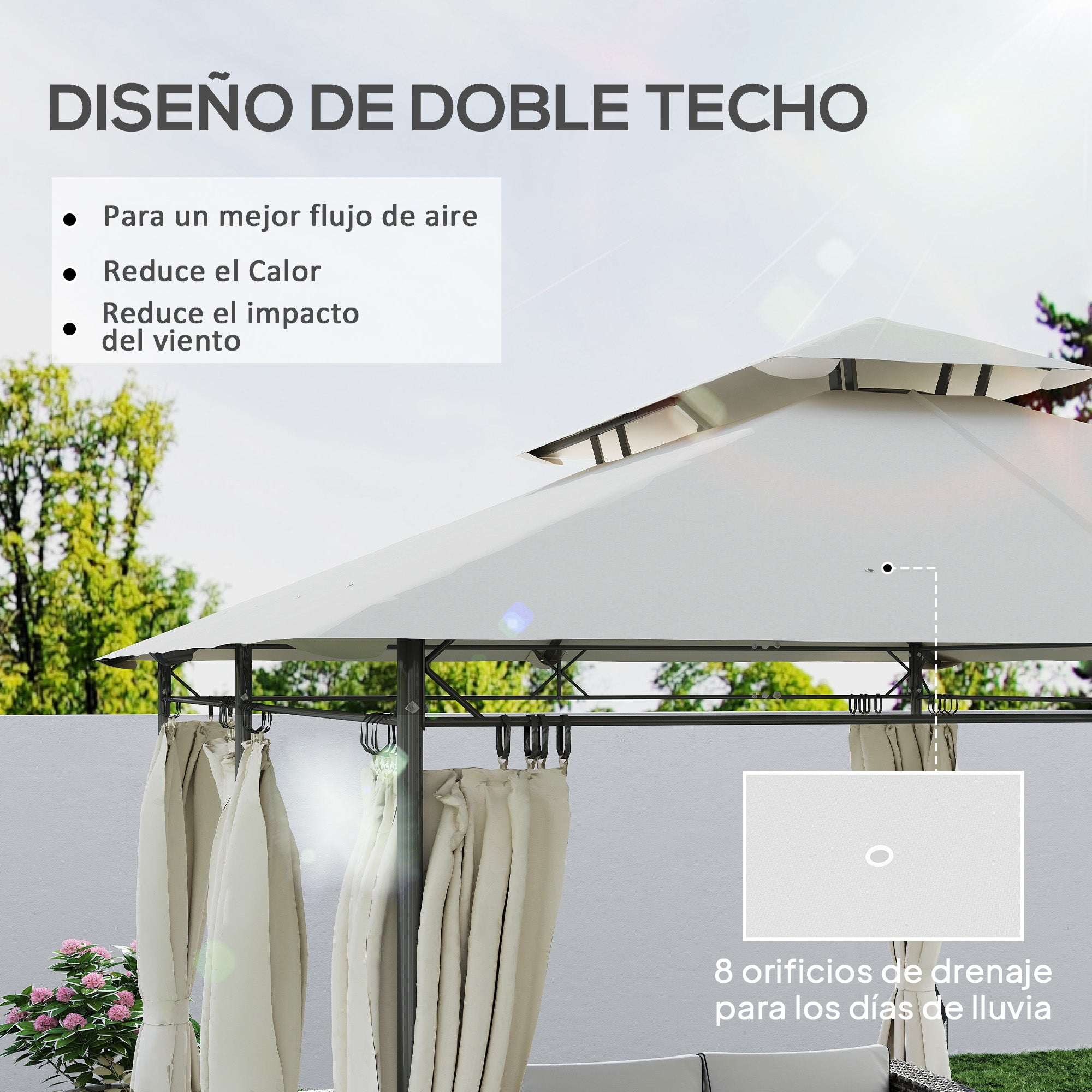 Garden Gazebo 4x3m Garden Pergola Gazebo with Double Roof Sidewalls Water Resistant Canopy for Outdoor Terrace Patio Cream
