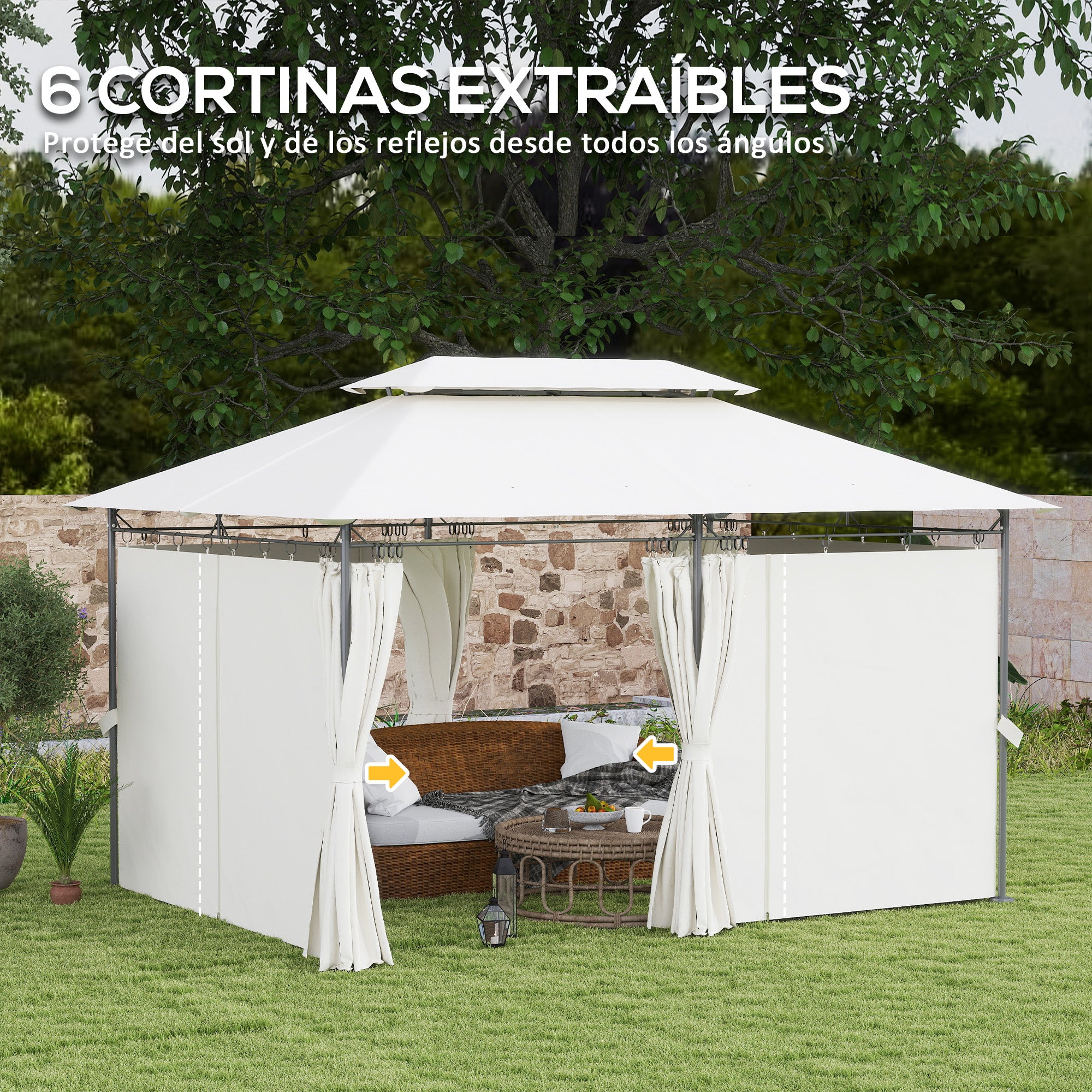 Garden Gazebo 4x3m Garden Pergola Gazebo with Double Roof Sidewalls Water Resistant Canopy for Outdoor Terrace Patio Cream
