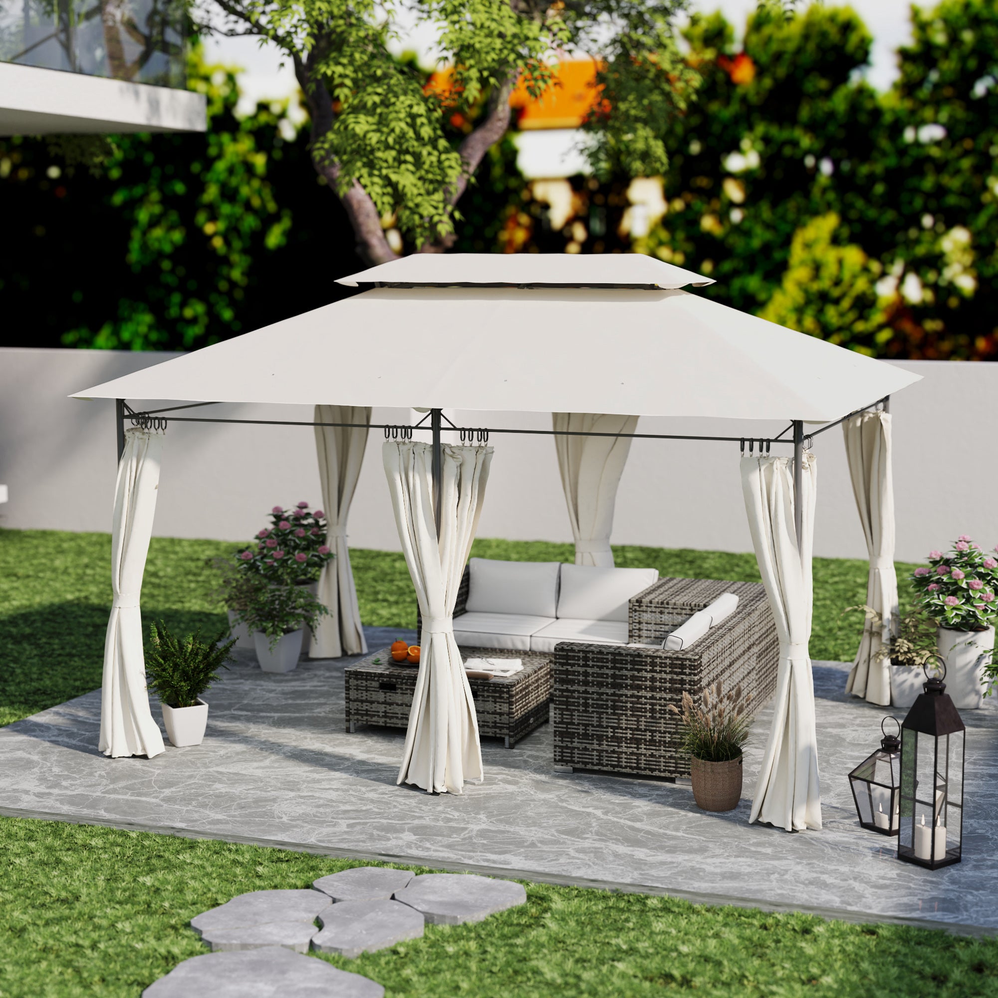 Garden Gazebo 4x3m Garden Pergola Gazebo with Double Roof Sidewalls Water Resistant Canopy for Outdoor Terrace Patio Cream