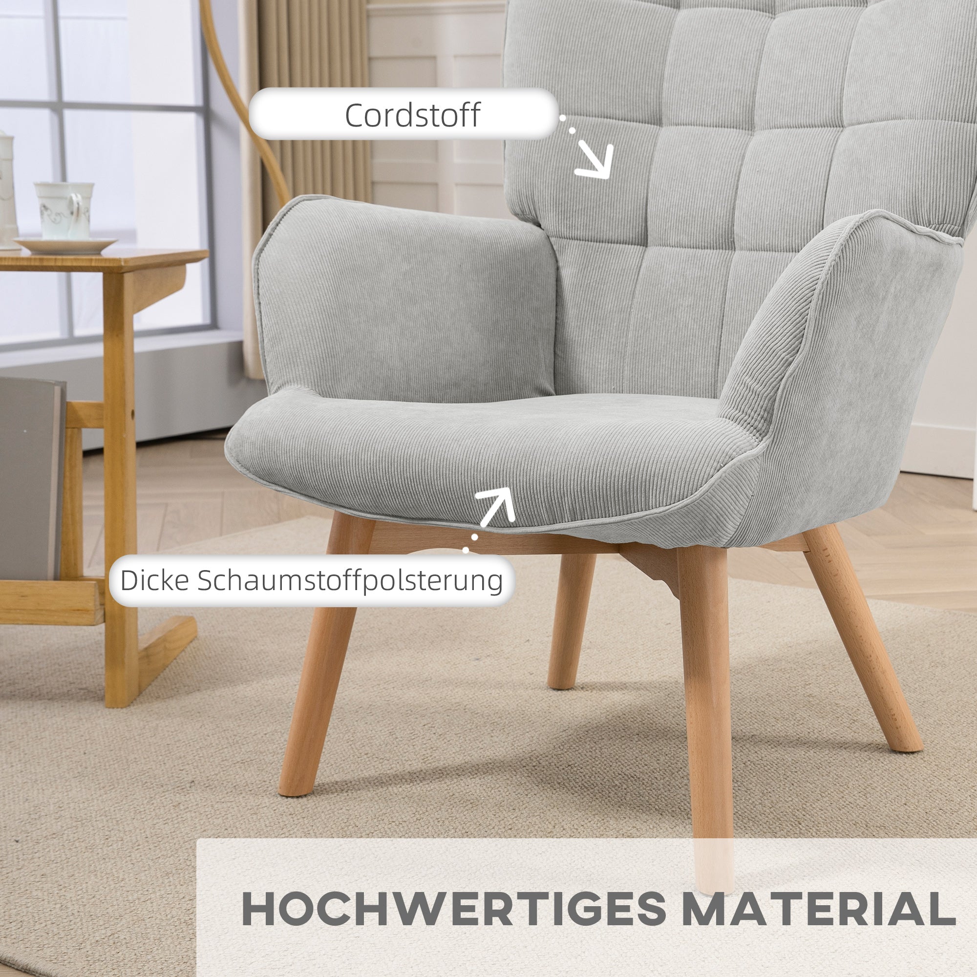Chair with Ottoman, Wingback Chair with High Back, Wooden Legs, Lounge Chair with Tufted Design, Corduroy Look, for Living Room, Gray