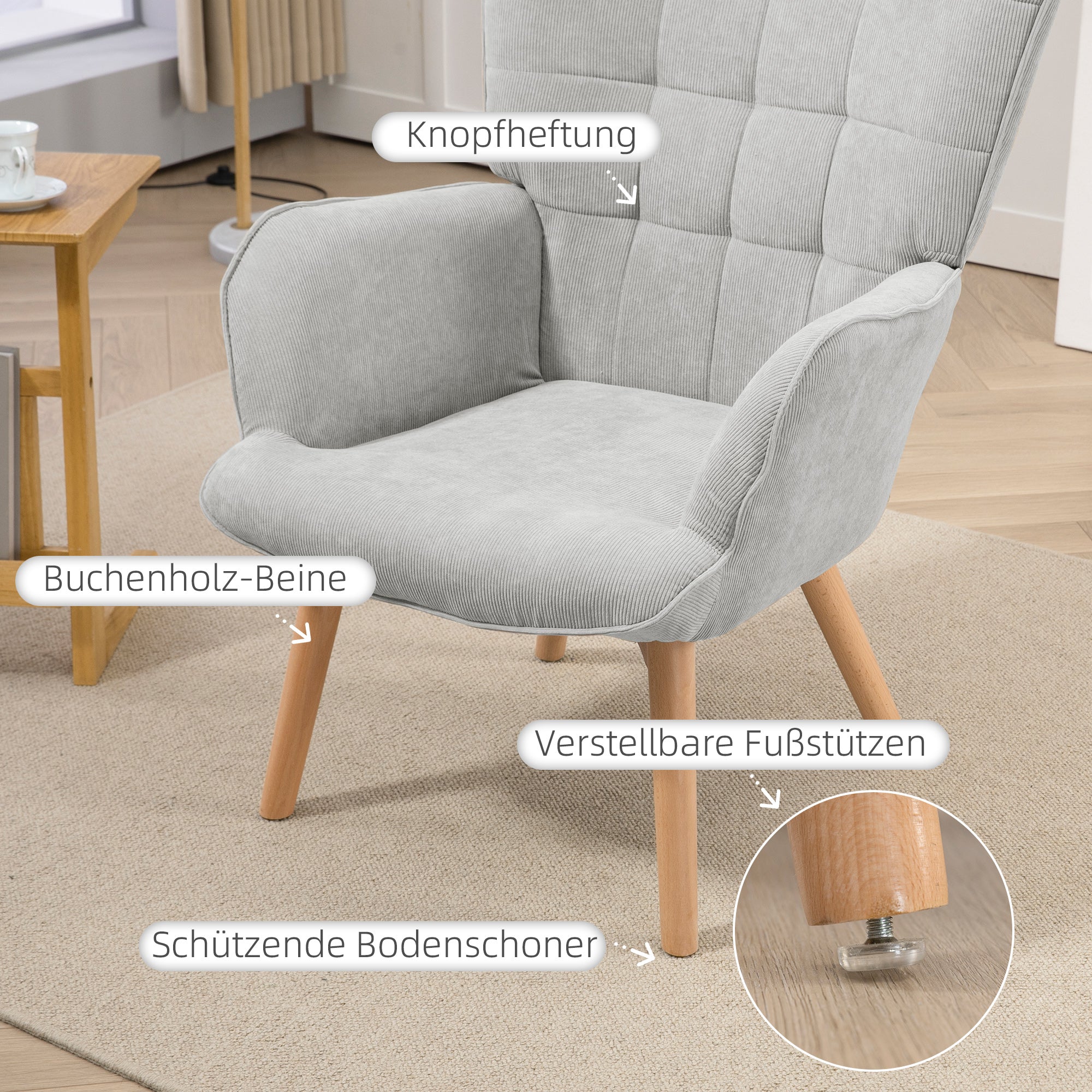Chair with Ottoman, Wingback Chair with High Back, Wooden Legs, Lounge Chair with Tufted Design, Corduroy Look, for Living Room, Gray