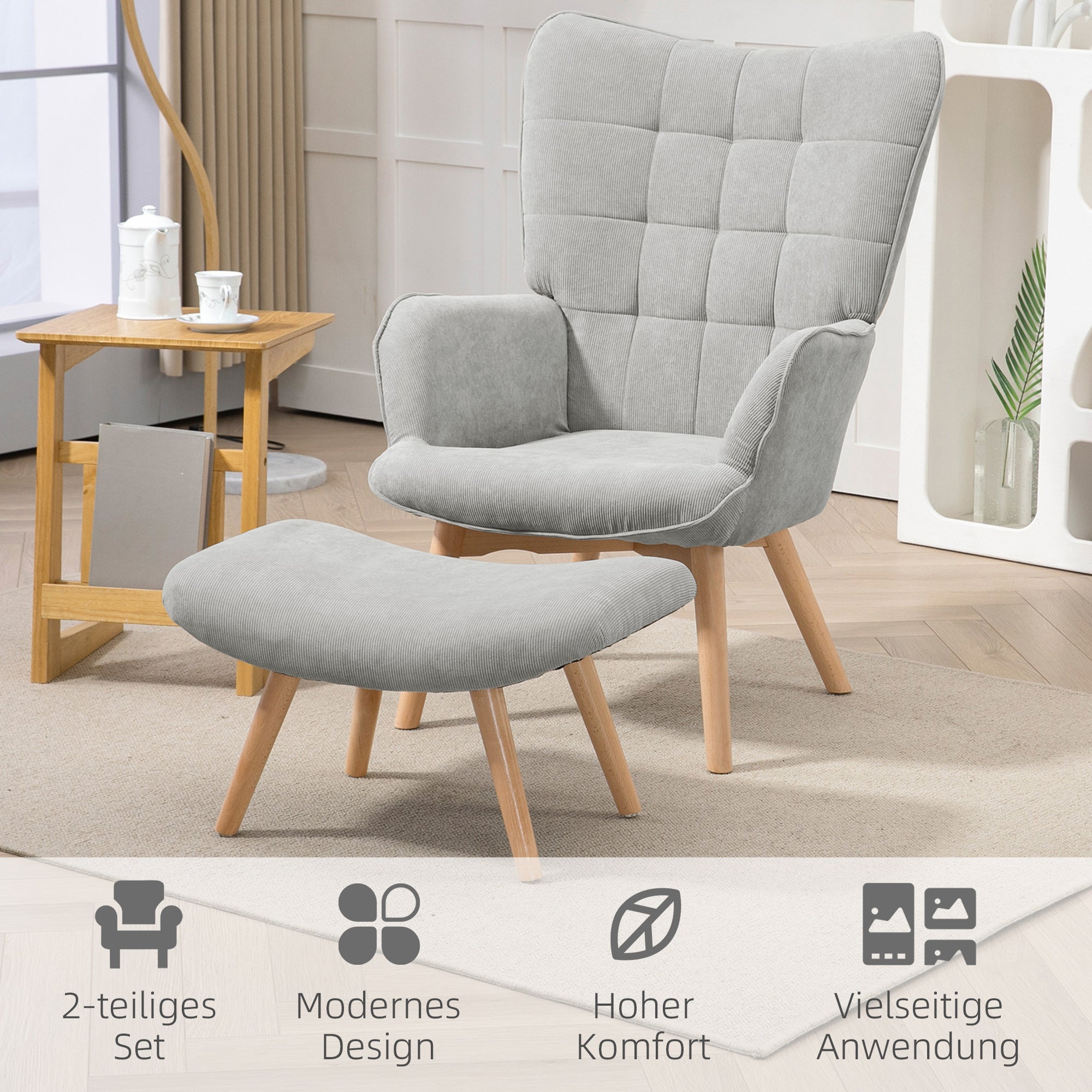 Chair with Ottoman, Wingback Chair with High Back, Wooden Legs, Lounge Chair with Tufted Design, Corduroy Look, for Living Room, Gray