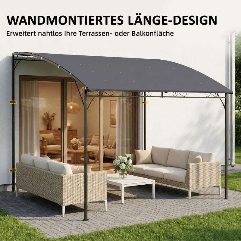 Wall-Mounted Garden Pergola, 12 ft 7 in x 9 ft 5 in — Sloped Drainage Roof, UPF30+ Waterproof Canopy, Powder-Coated Metal Frame, Gray