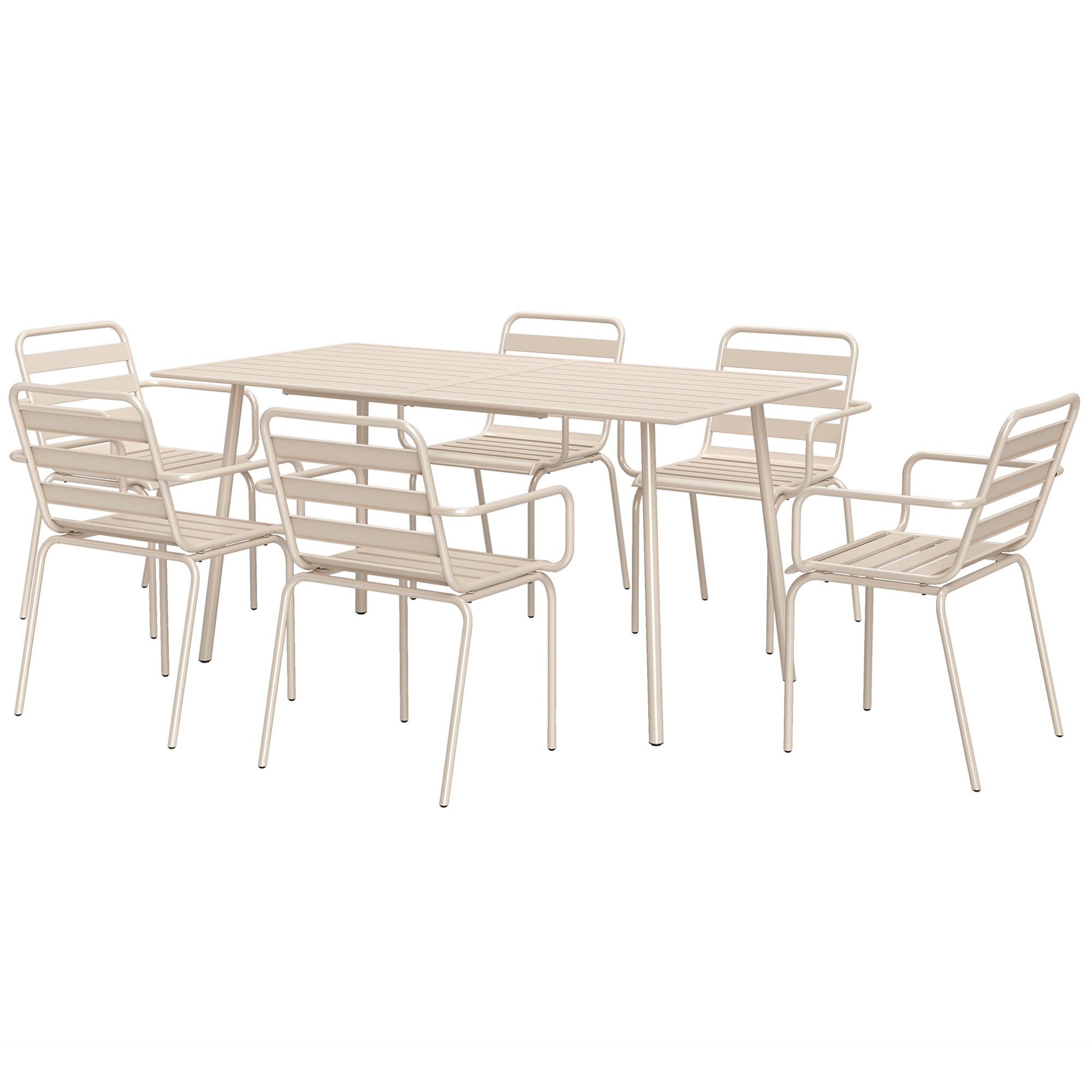 Outdoor Garden Dining Set 7 Pieces with 1 Table and 6 Stackable Steel Chairs in Beige
