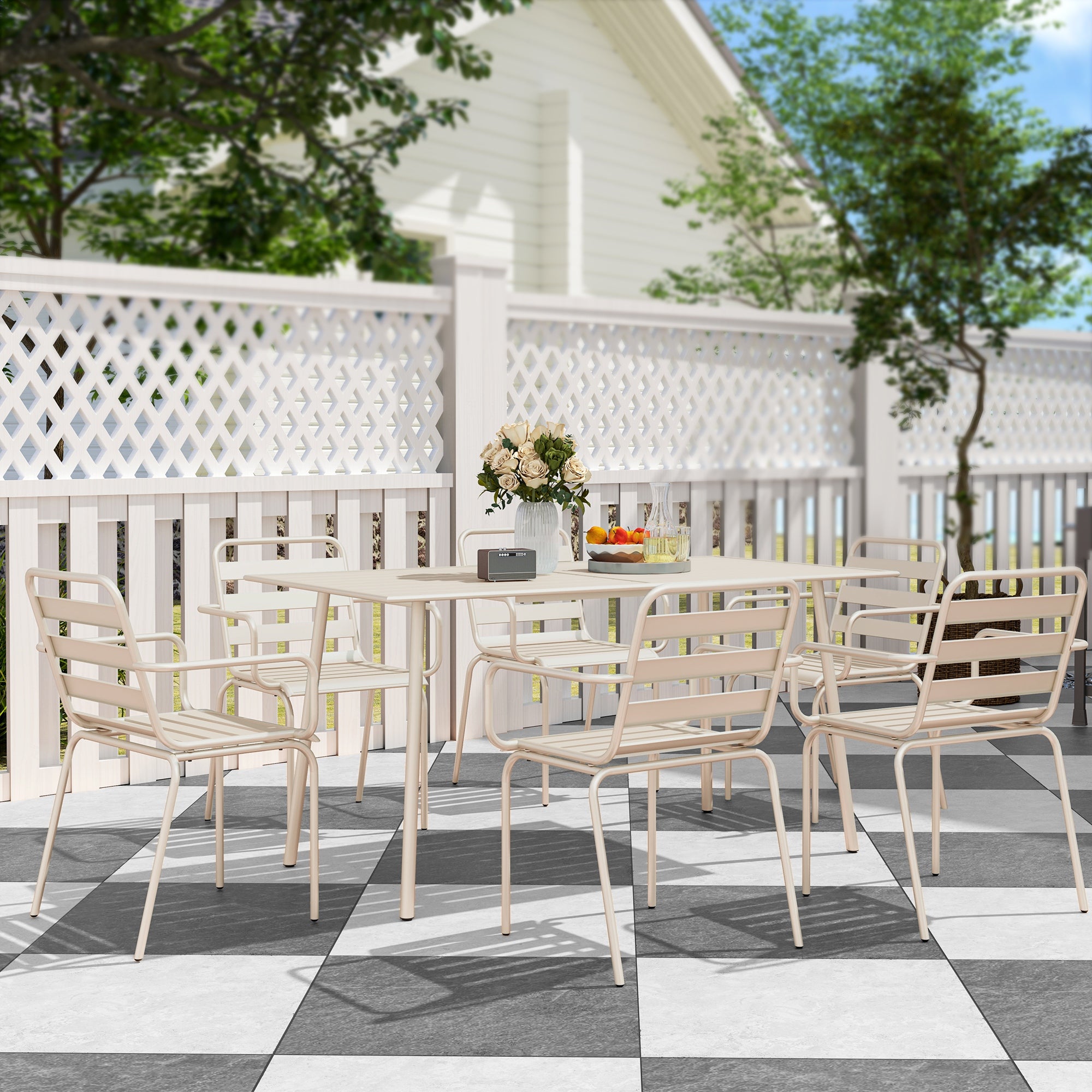 Outdoor Garden Dining Set 7 Pieces with 1 Table and 6 Stackable Steel Chairs in Beige