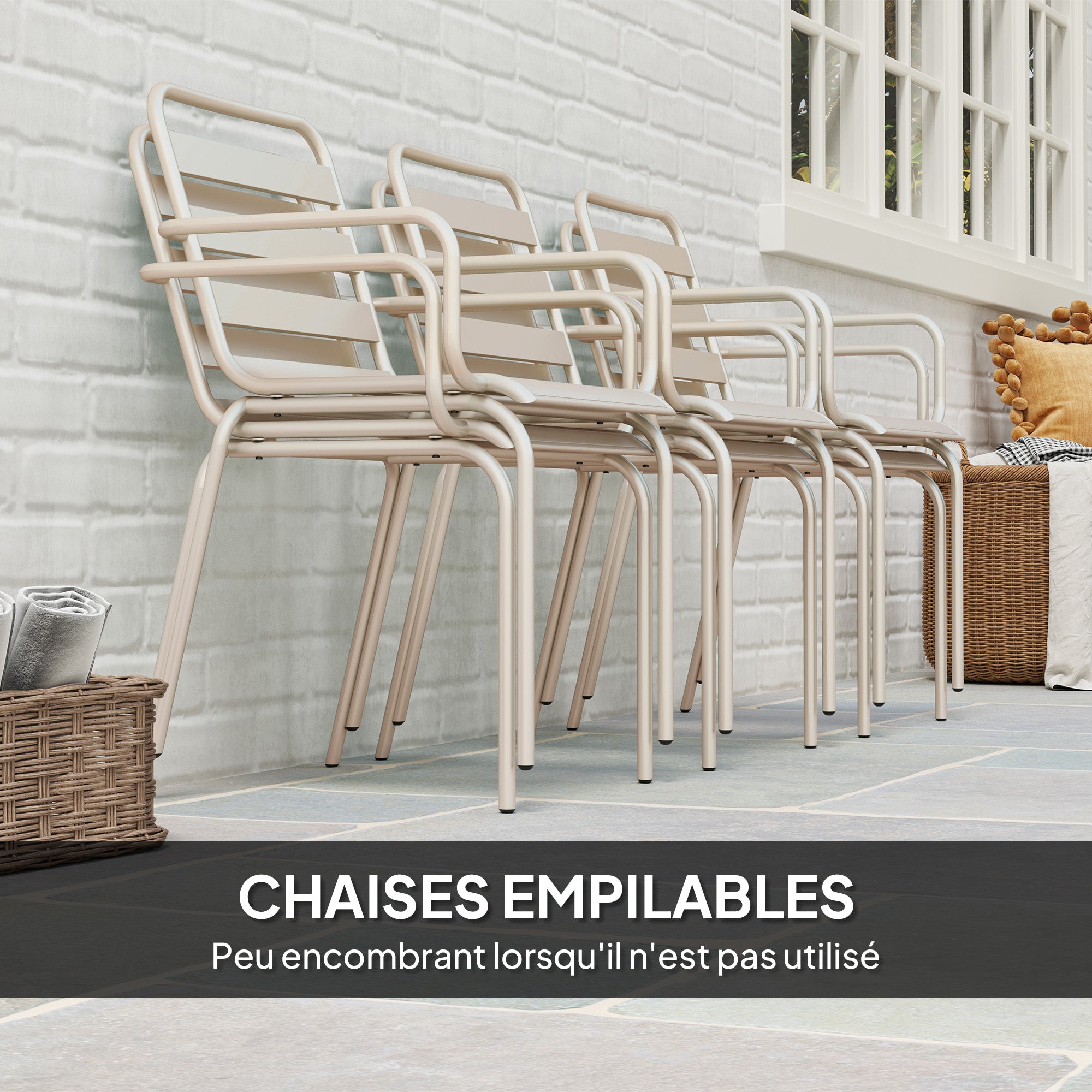 Outdoor Garden Dining Set 7 Pieces with 1 Table and 6 Stackable Steel Chairs in Beige
