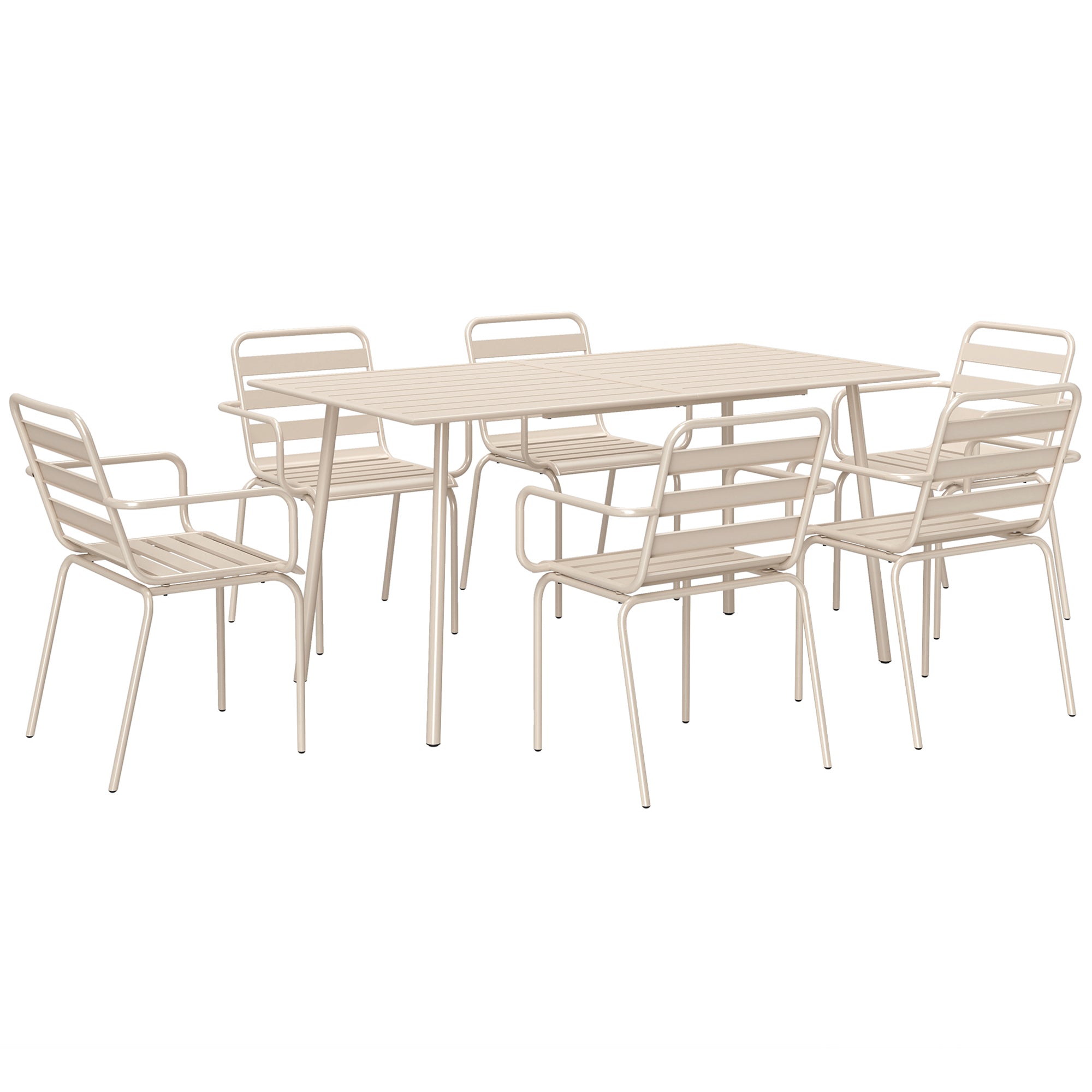 Outdoor Garden Dining Set 7 Pieces with 1 Table and 6 Stackable Steel Chairs in Beige