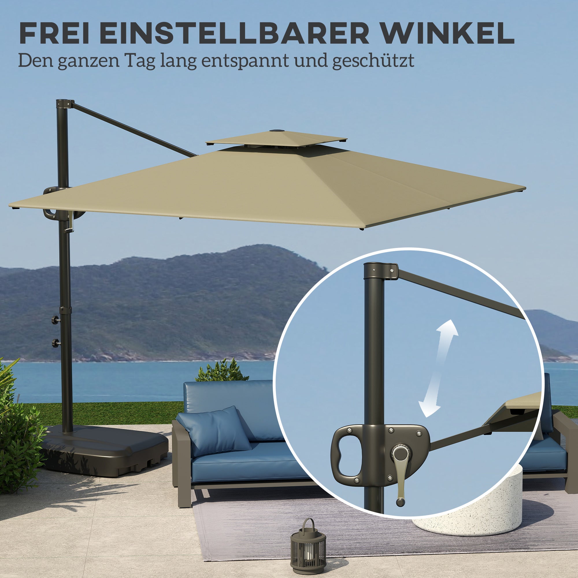 Cantilever Side Umbrella 247 x 247 x 268 cm (97.2 x 97.2 x 105.5 in) — Tilt, Crank, Double Vent, Water-Fillable Base, Water-Resistant, UV Protection, Light Gray