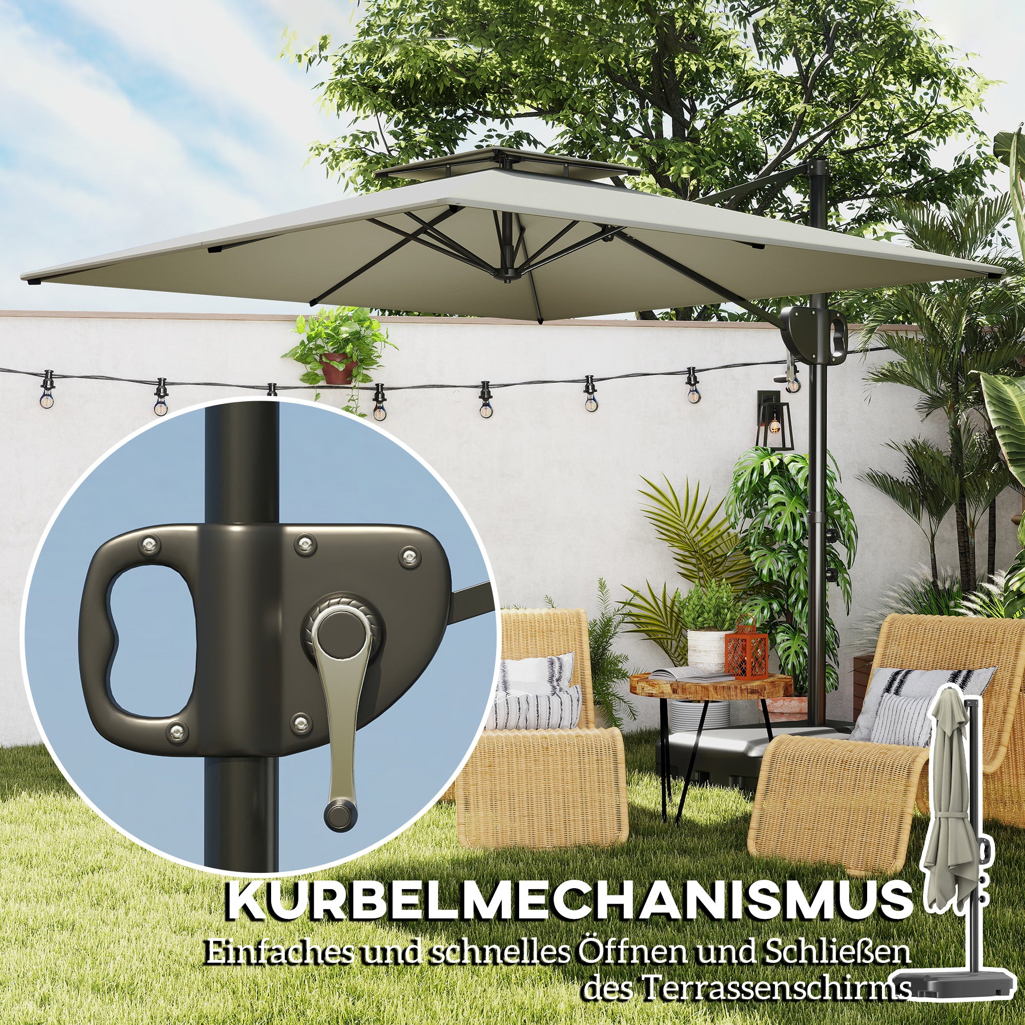 Cantilever Side Umbrella 247 x 247 x 268 cm (97.2 x 97.2 x 105.5 in) — Tilt, Crank, Double Vent, Water-Fillable Base, Water-Resistant, UV Protection, Light Gray