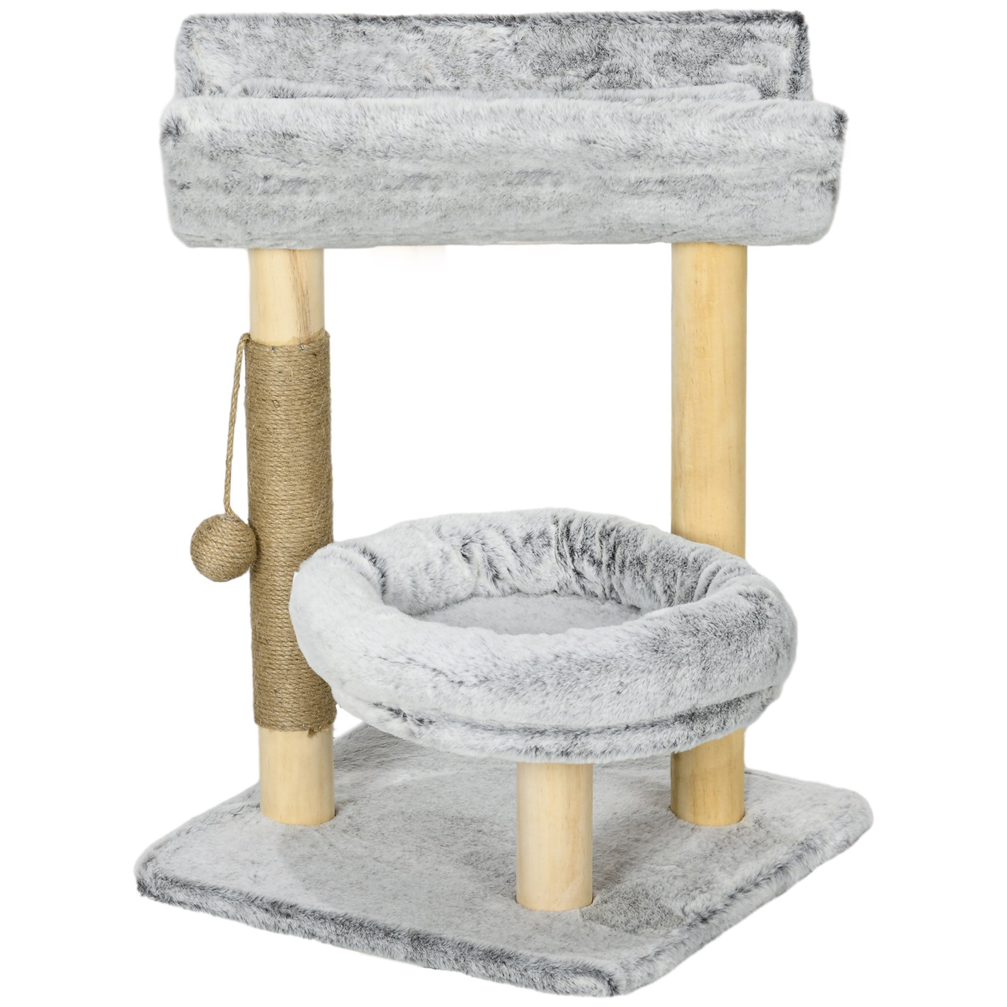Cat Tree with Scratching Post, Climbing Tree for Cats, 1 Upper Niche with Washable Cushion, 1 Round Niche and 1 Hanging Jute Ball, Cat Play Tower, Height 60 cm, Plush, Gray