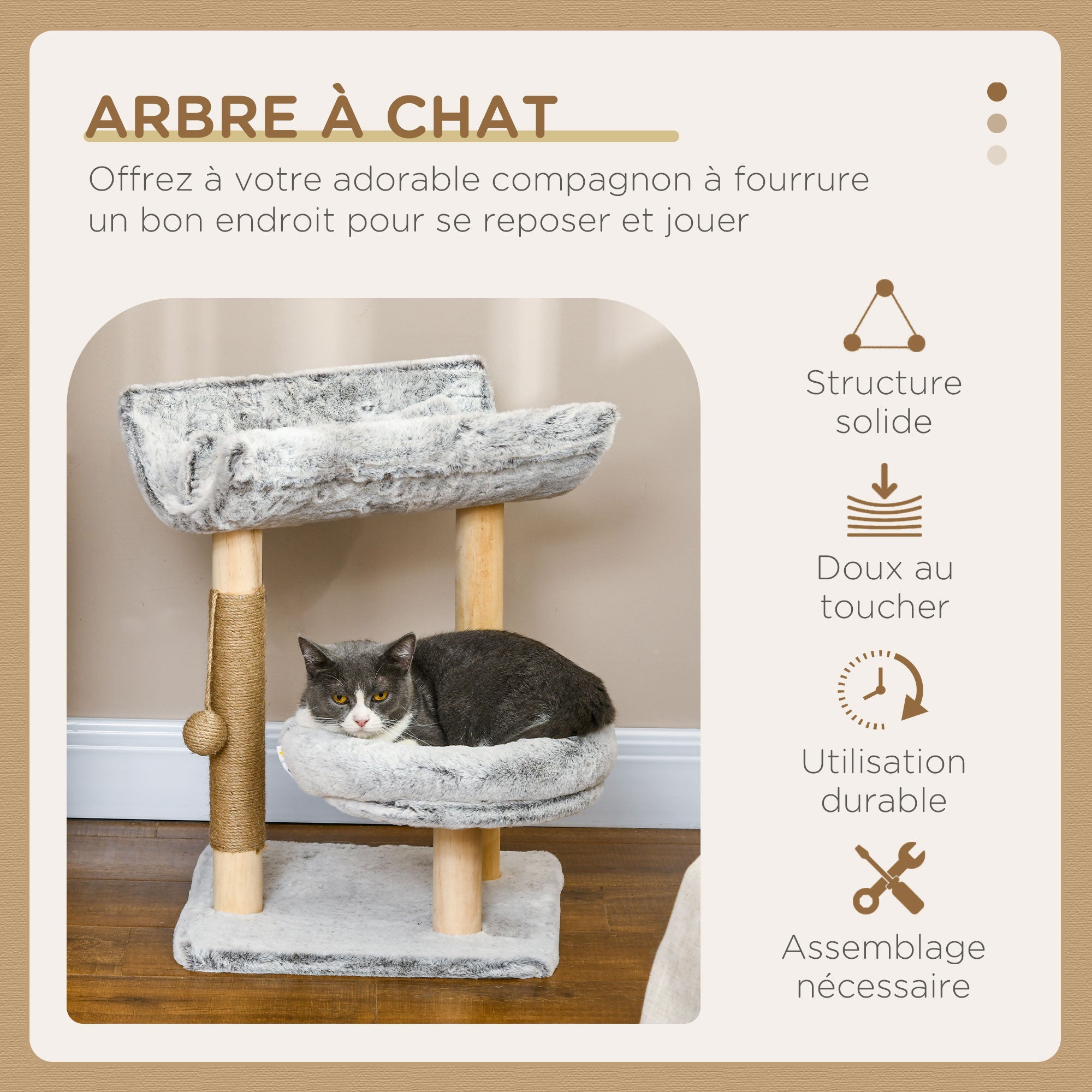 Cat Tree with Scratching Post, Climbing Tree for Cats, 1 Upper Niche with Washable Cushion, 1 Round Niche and 1 Hanging Jute Ball, Cat Play Tower, Height 60 cm, Plush, Gray