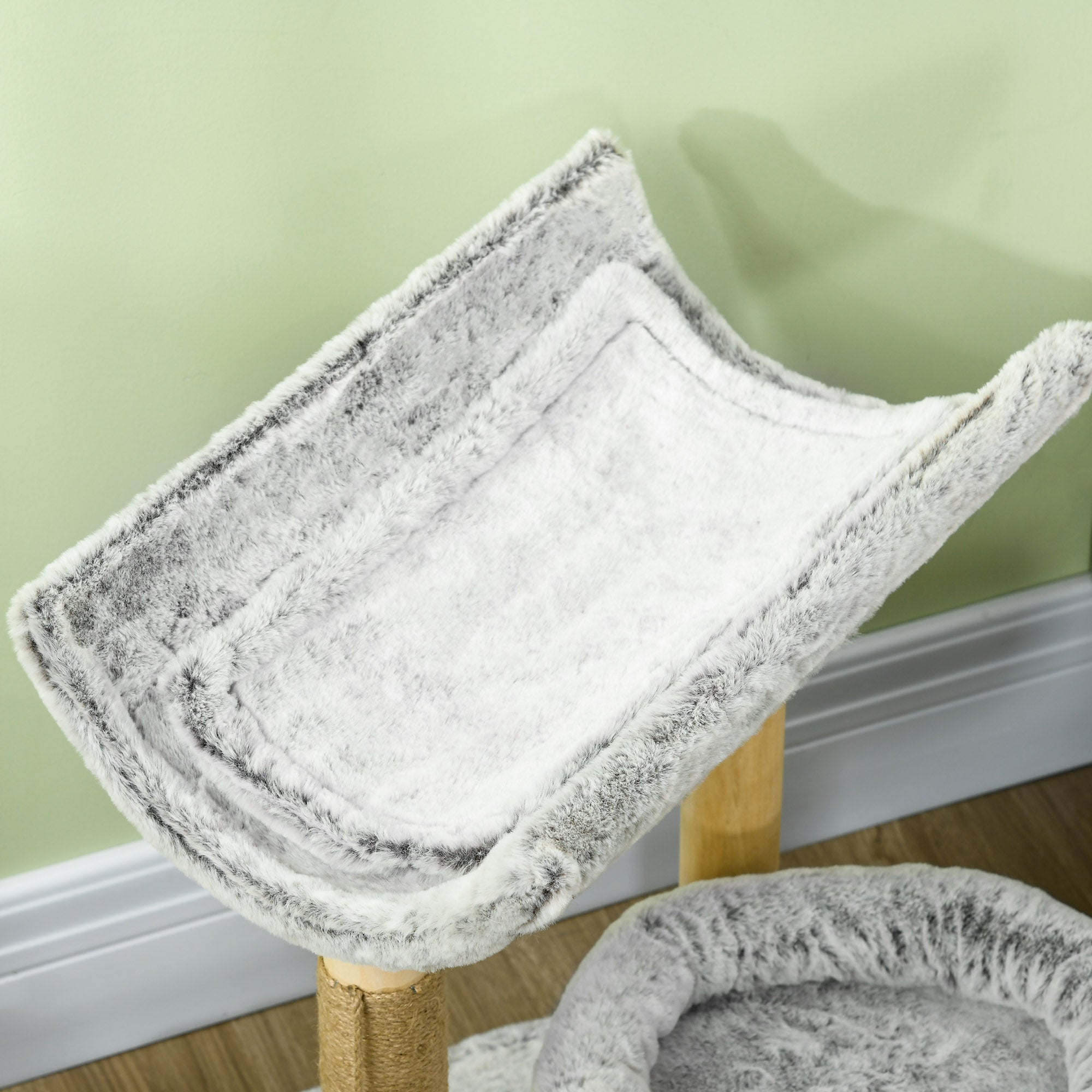 Cat Tree with Scratching Post, Climbing Tree for Cats, 1 Upper Niche with Washable Cushion, 1 Round Niche and 1 Hanging Jute Ball, Cat Play Tower, Height 60 cm, Plush, Gray