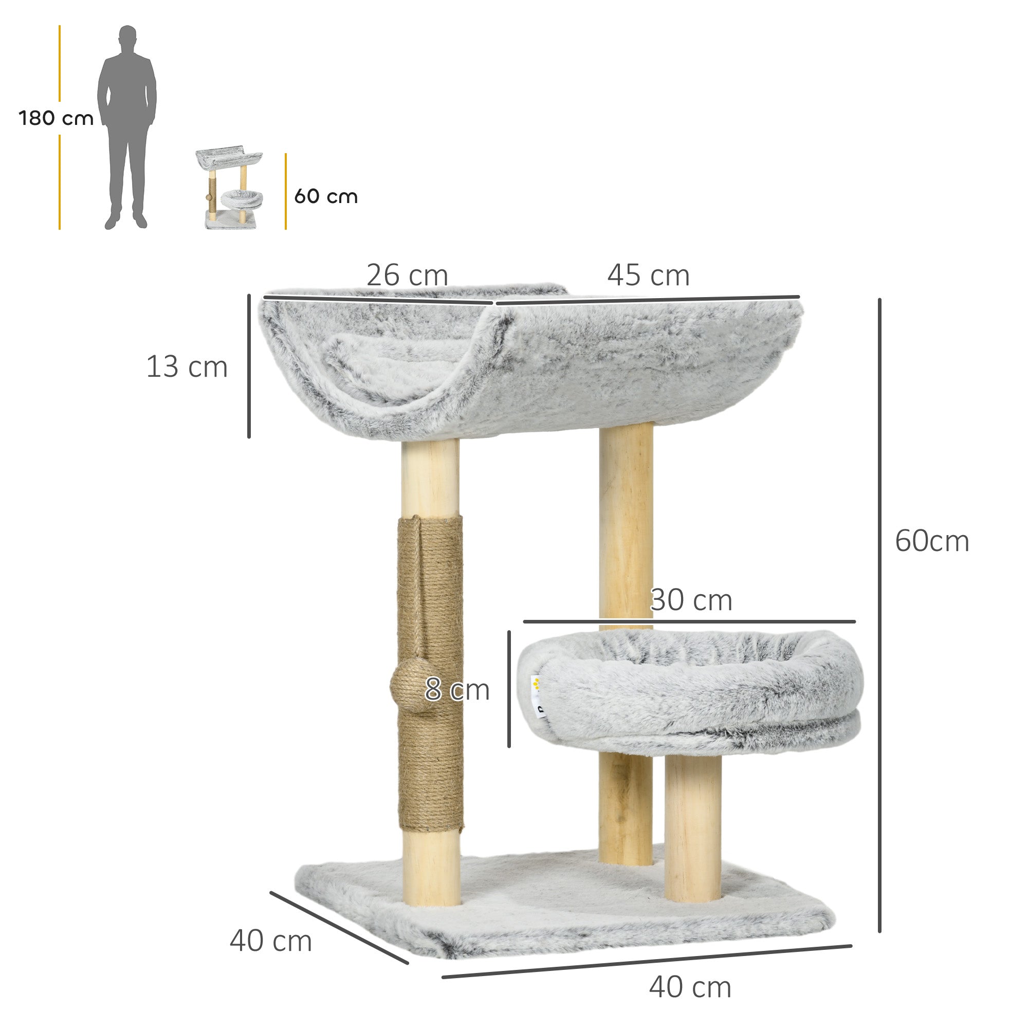 Cat Tree with Scratching Post, Climbing Tree for Cats, 1 Upper Niche with Washable Cushion, 1 Round Niche and 1 Hanging Jute Ball, Cat Play Tower, Height 60 cm, Plush, Gray