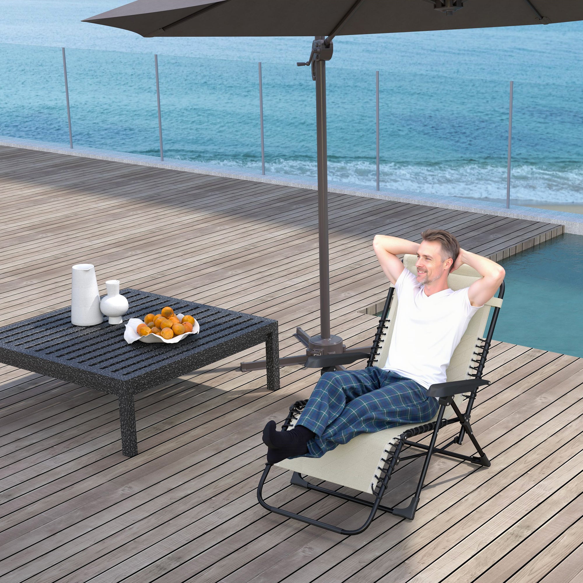 Foldable Sun Lounger Garden Lounger with Headrest, Reclining Chair with 5-Position Adjustable Backrest, Weatherproof Camping Lounger, Garden Chair up to 120 kg Load Capacity, for Garden Outdoor Beach, Beige