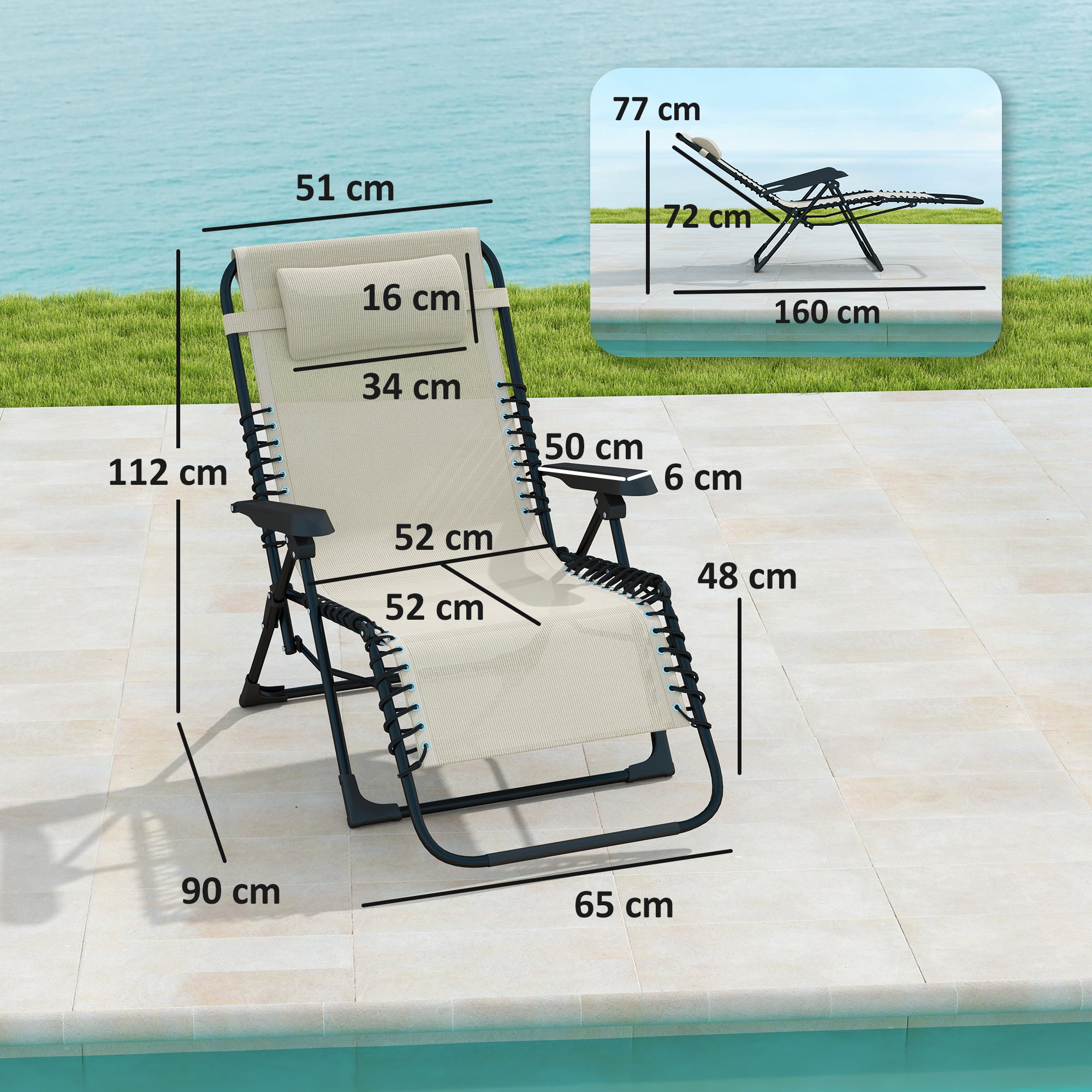 Foldable Sun Lounger Garden Lounger with Headrest, Reclining Chair with 5-Position Adjustable Backrest, Weatherproof Camping Lounger, Garden Chair up to 120 kg Load Capacity, for Garden Outdoor Beach, Beige