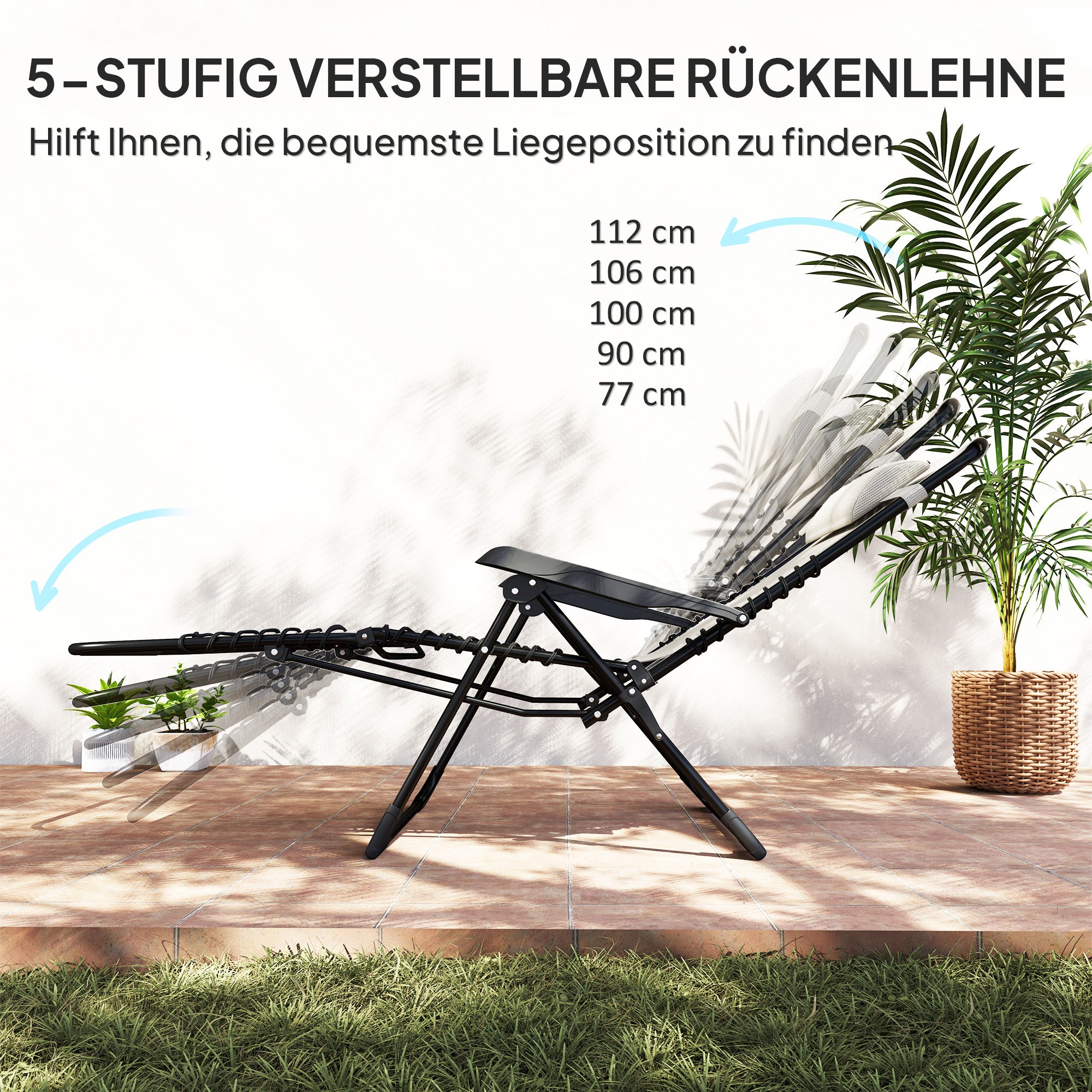 Foldable Sun Lounger Garden Lounger with Headrest, Reclining Chair with 5-Position Adjustable Backrest, Weatherproof Camping Lounger, Garden Chair up to 120 kg Load Capacity, for Garden Outdoor Beach, Beige
