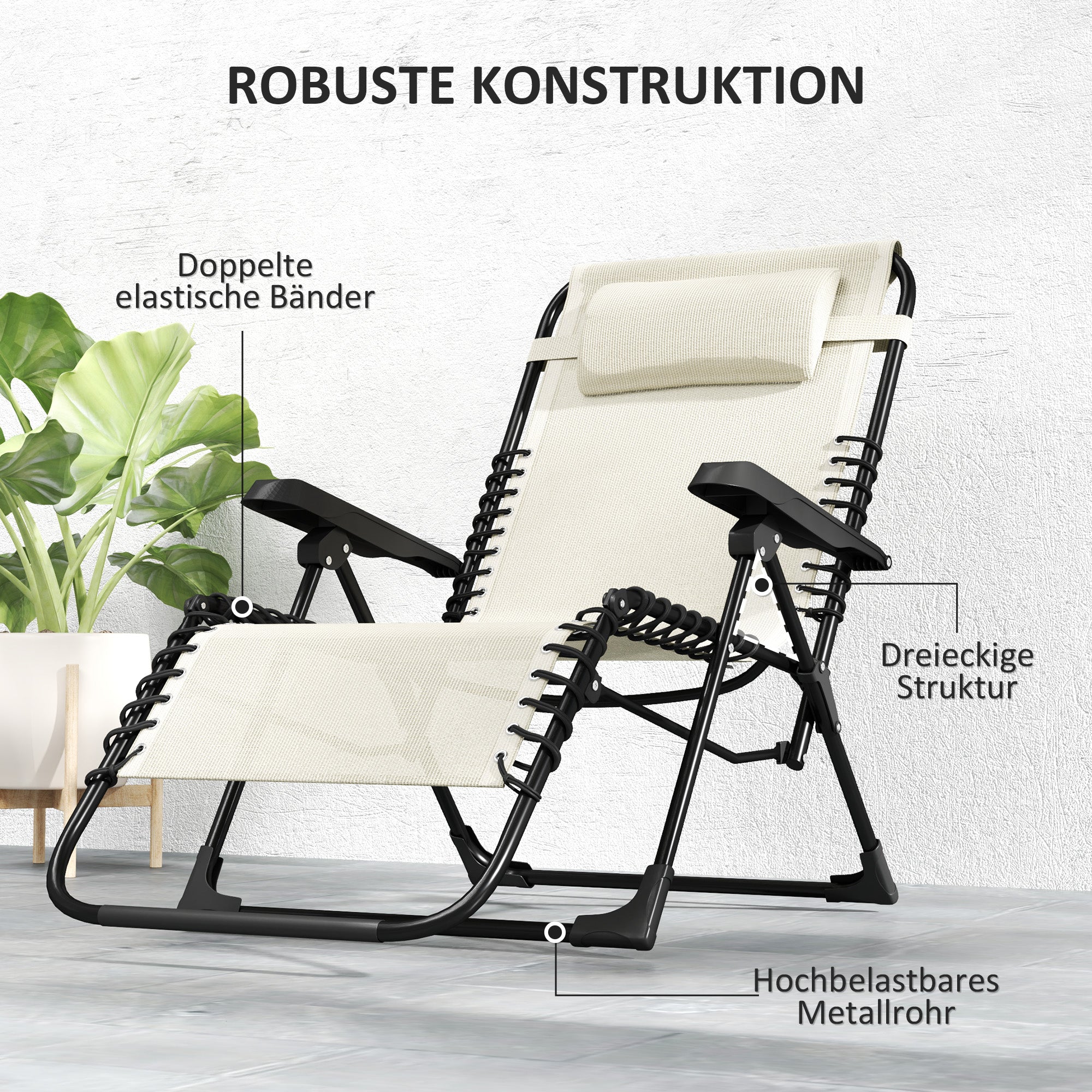 Foldable Sun Lounger Garden Lounger with Headrest, Reclining Chair with 5-Position Adjustable Backrest, Weatherproof Camping Lounger, Garden Chair up to 120 kg Load Capacity, for Garden Outdoor Beach, Beige