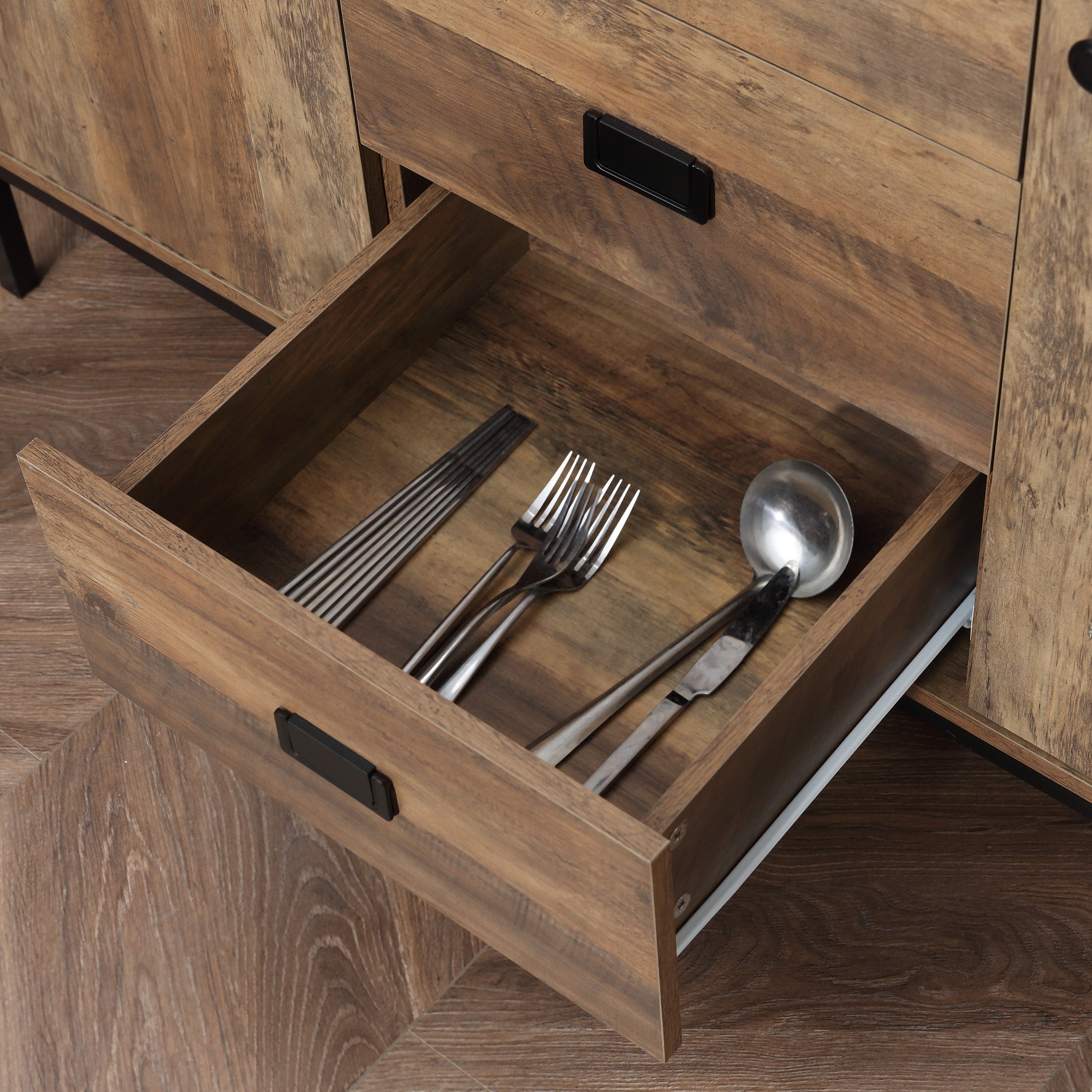 Kitchen Buffet Storage Cabinet 2 Cupboards Adjustable Shelf 3 Drawers Contemporary Style - 120 x 39.5 x 77 cm Brown