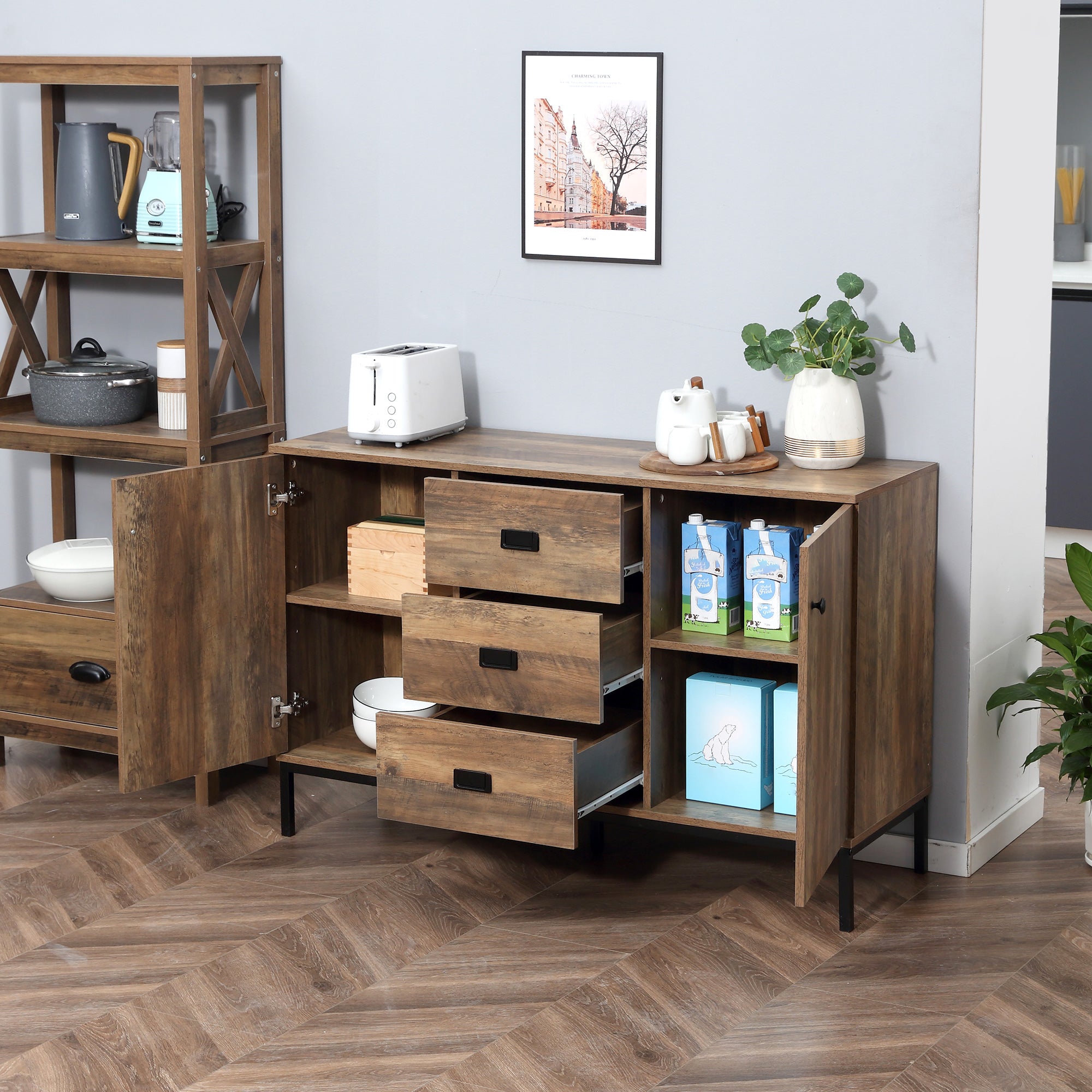 Kitchen Buffet Storage Cabinet 2 Cupboards Adjustable Shelf 3 Drawers Contemporary Style - 120 x 39.5 x 77 cm Brown
