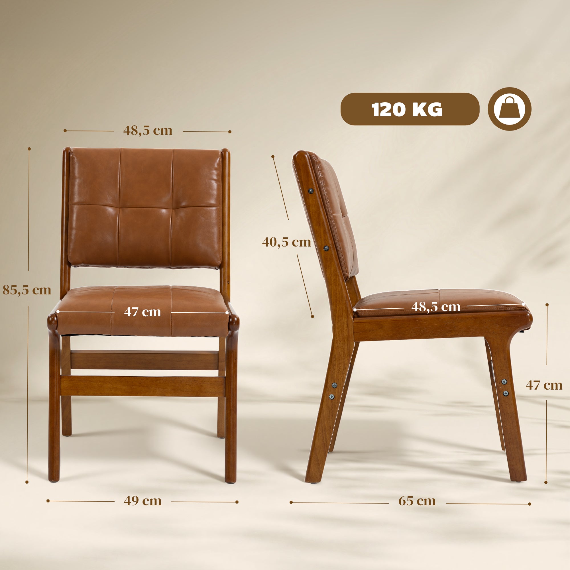 Set of 2 Dining Chairs, Modern PU Upholstered Kitchen Chairs, Padded Seat, Wooden Legs, Brown