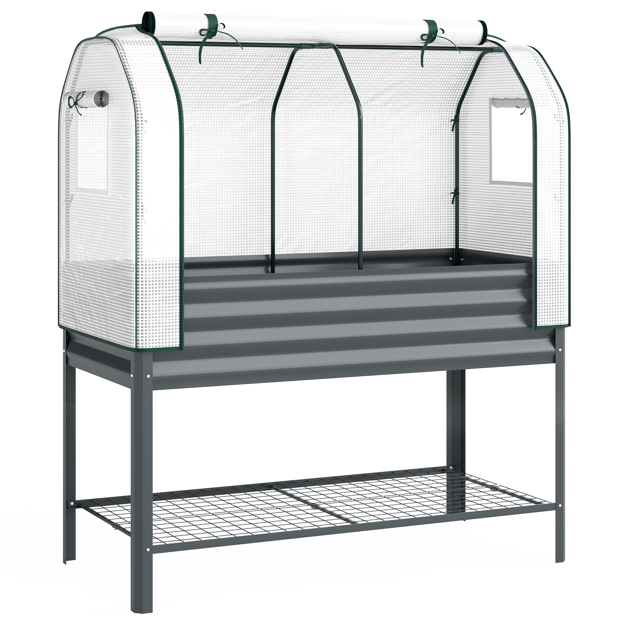 Elevated Planter with PE Greenhouse Cover — Metal Raised Garden Bed with Greenhouse, 167 L (44.1 gal) with Liner & Lower Shelf, for Plants, Flowers & Vegetables, 47.2 x 21.7 x 55.1 in (120 x 55 x 140 cm), Dark Gray