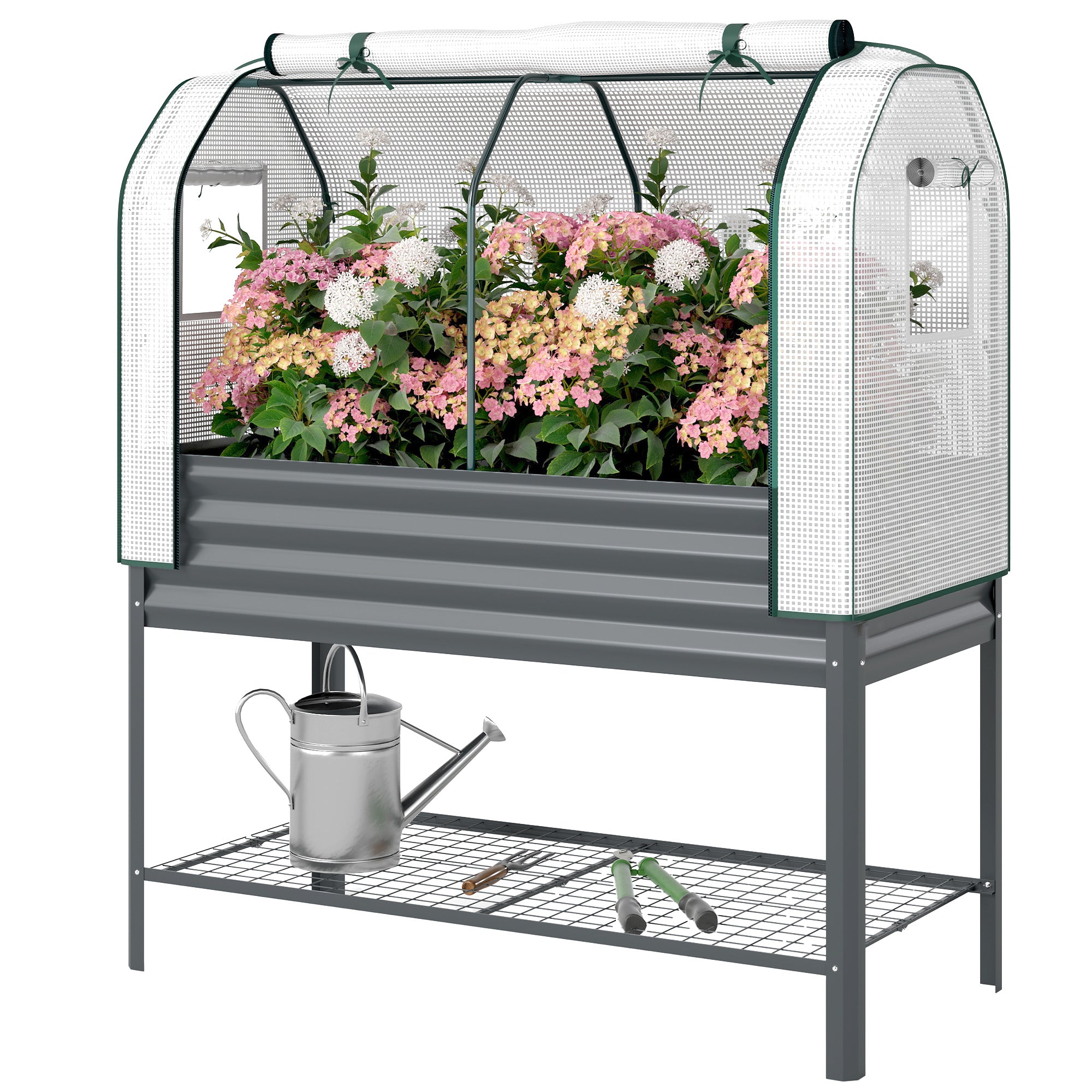 Elevated Planter with PE Greenhouse Cover — Metal Raised Garden Bed with Greenhouse, 167 L (44.1 gal) with Liner & Lower Shelf, for Plants, Flowers & Vegetables, 47.2 x 21.7 x 55.1 in (120 x 55 x 140 cm), Dark Gray