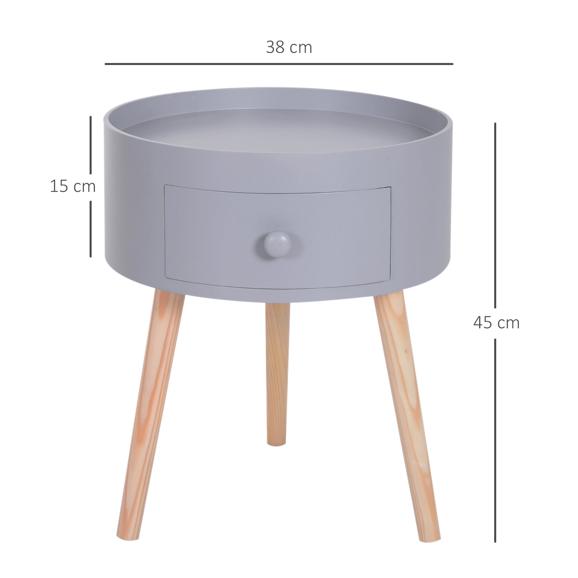 Coffee Table - Bedside Table - Round Bedside Table - Scandinavian Design Side Table with Drawer Tapered Angled Solid Wood Legs Light Oak Gray
