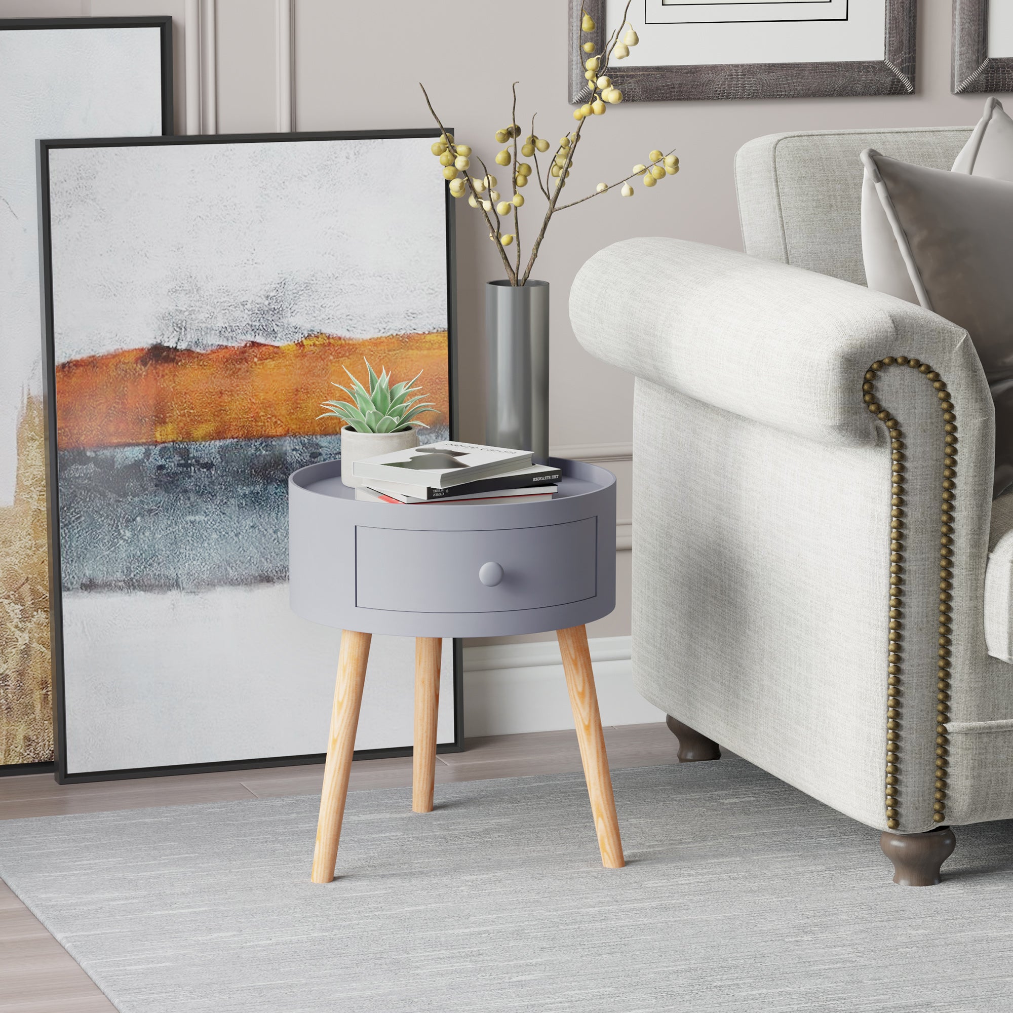 Coffee Table - Bedside Table - Round Bedside Table - Scandinavian Design Side Table with Drawer Tapered Angled Solid Wood Legs Light Oak Gray