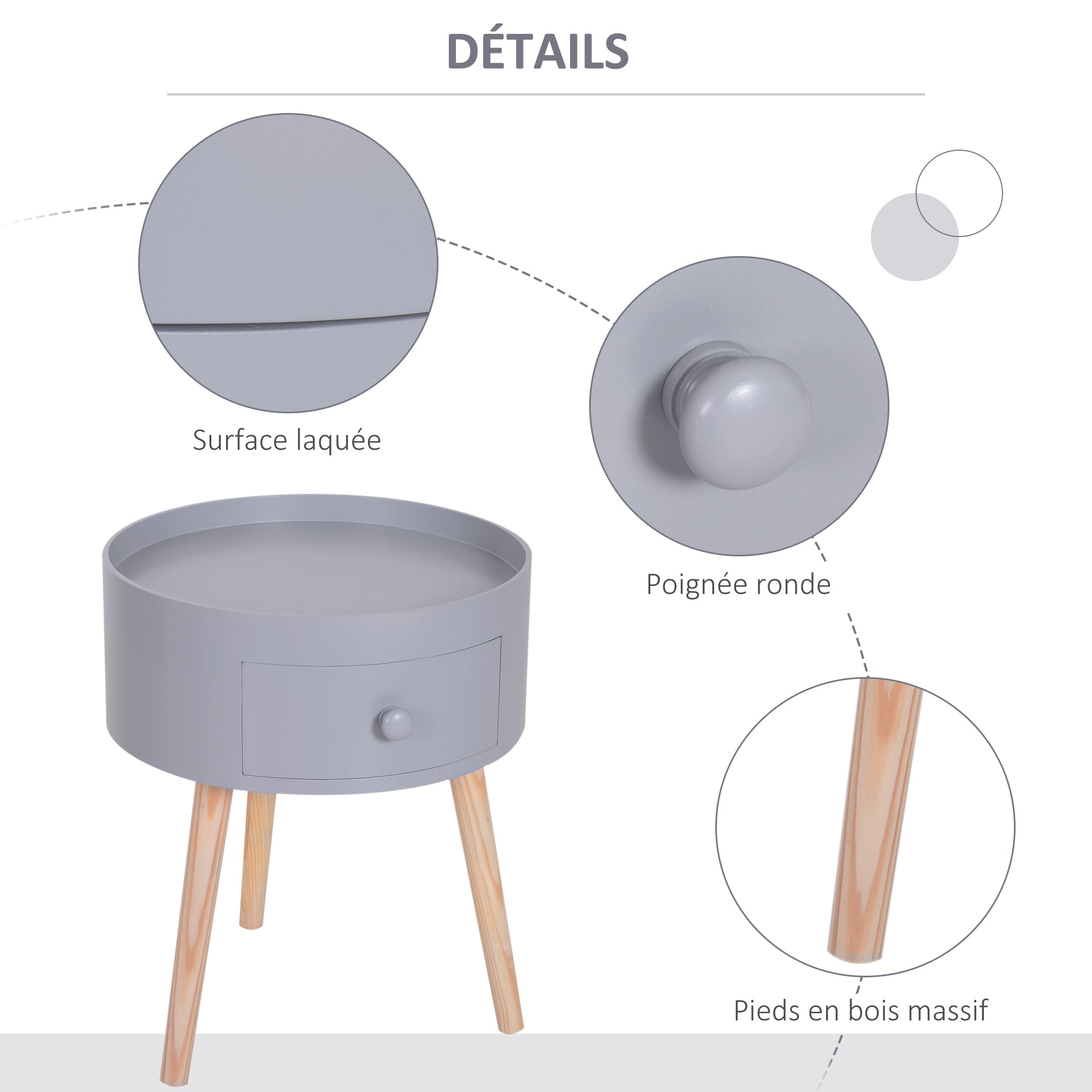 Coffee Table - Bedside Table - Round Bedside Table - Scandinavian Design Side Table with Drawer Tapered Angled Solid Wood Legs Light Oak Gray