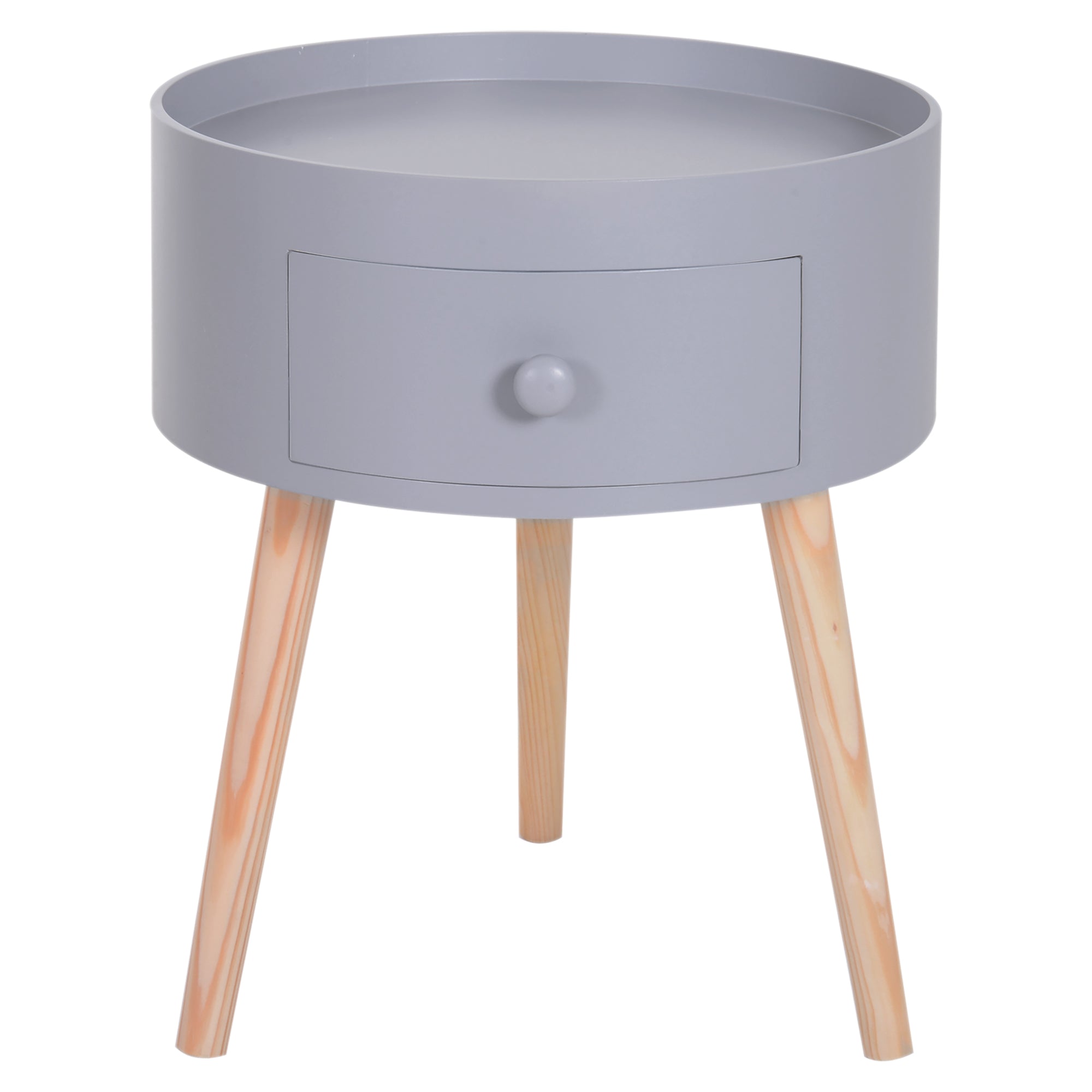 Coffee Table - Bedside Table - Round Bedside Table - Scandinavian Design Side Table with Drawer Tapered Angled Solid Wood Legs Light Oak Gray