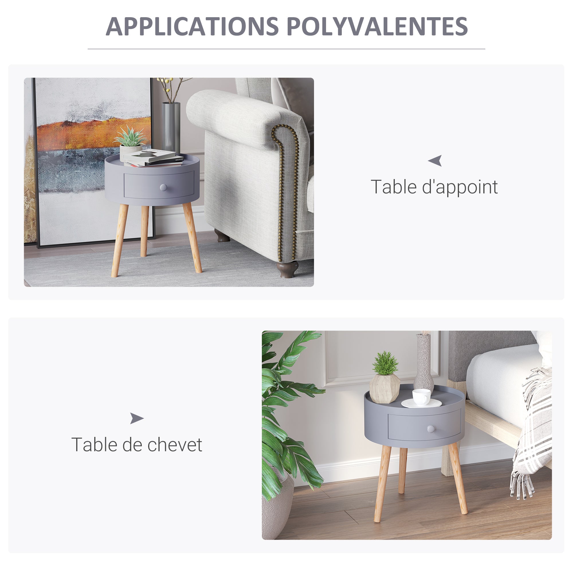 Coffee Table - Bedside Table - Round Bedside Table - Scandinavian Design Side Table with Drawer Tapered Angled Solid Wood Legs Light Oak Gray