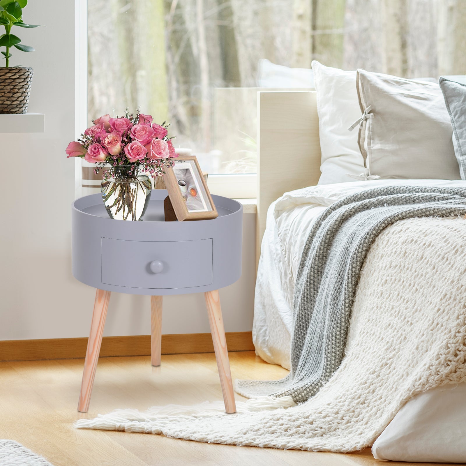 Coffee Table - Bedside Table - Round Bedside Table - Scandinavian Design Side Table with Drawer Tapered Angled Solid Wood Legs Light Oak Gray