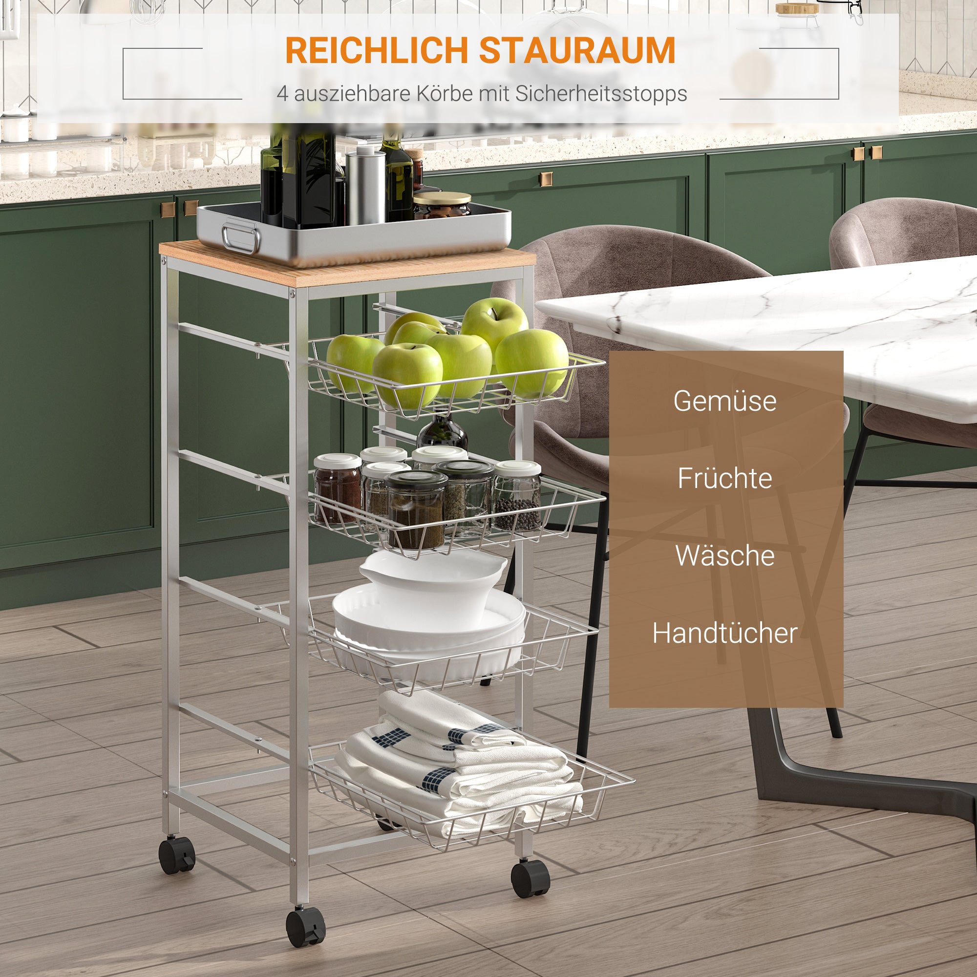 Kitchen Cart Rolling Cart with 4 Levels Kitchen Shelf with Metal Baskets, All-Purpose Cart on Wheels, Storage Cart for Kitchen Bathroom Office Living Room Silver